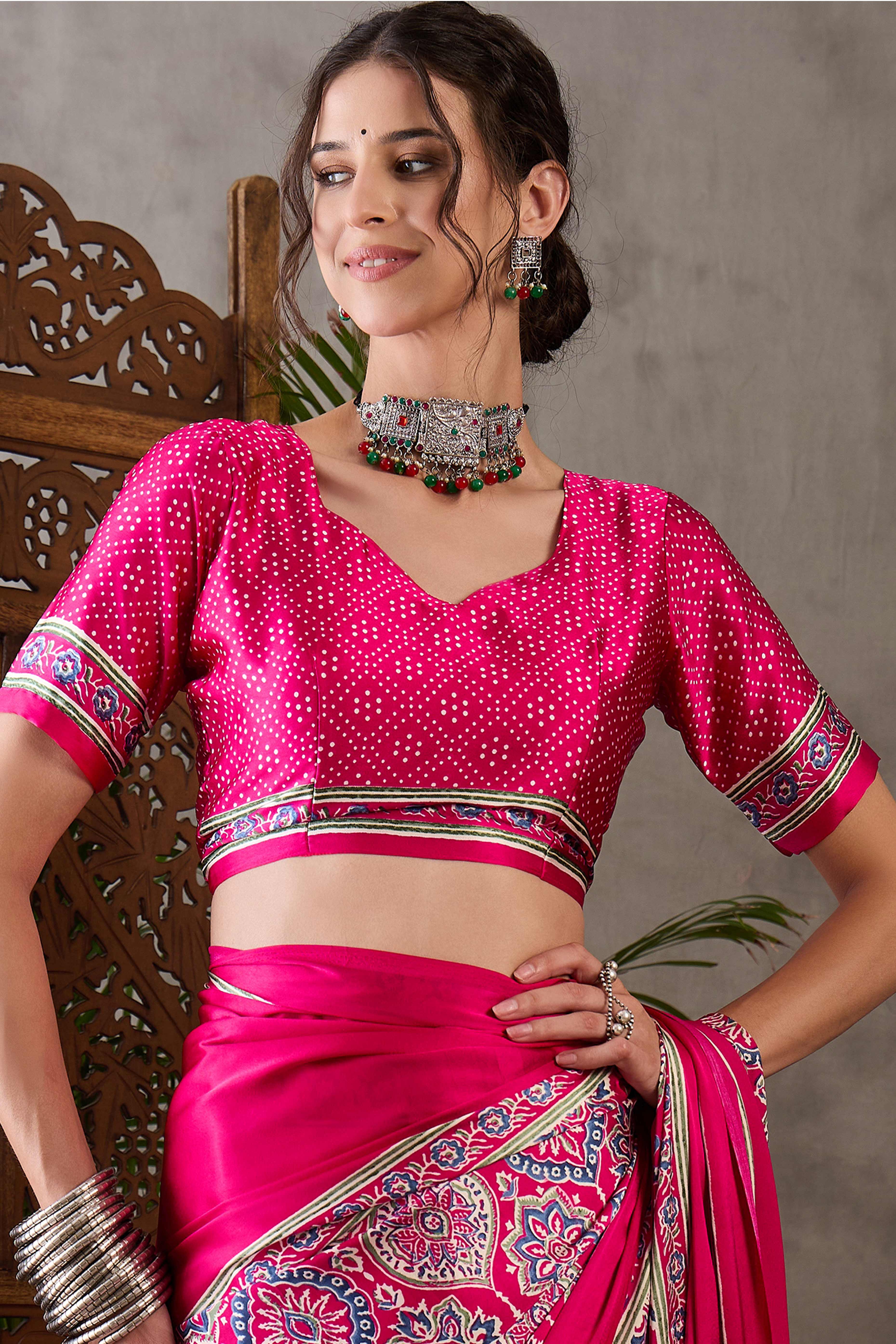 Pink Ajrakh Printed Modal Satin Saree with Rich Party Wear Look