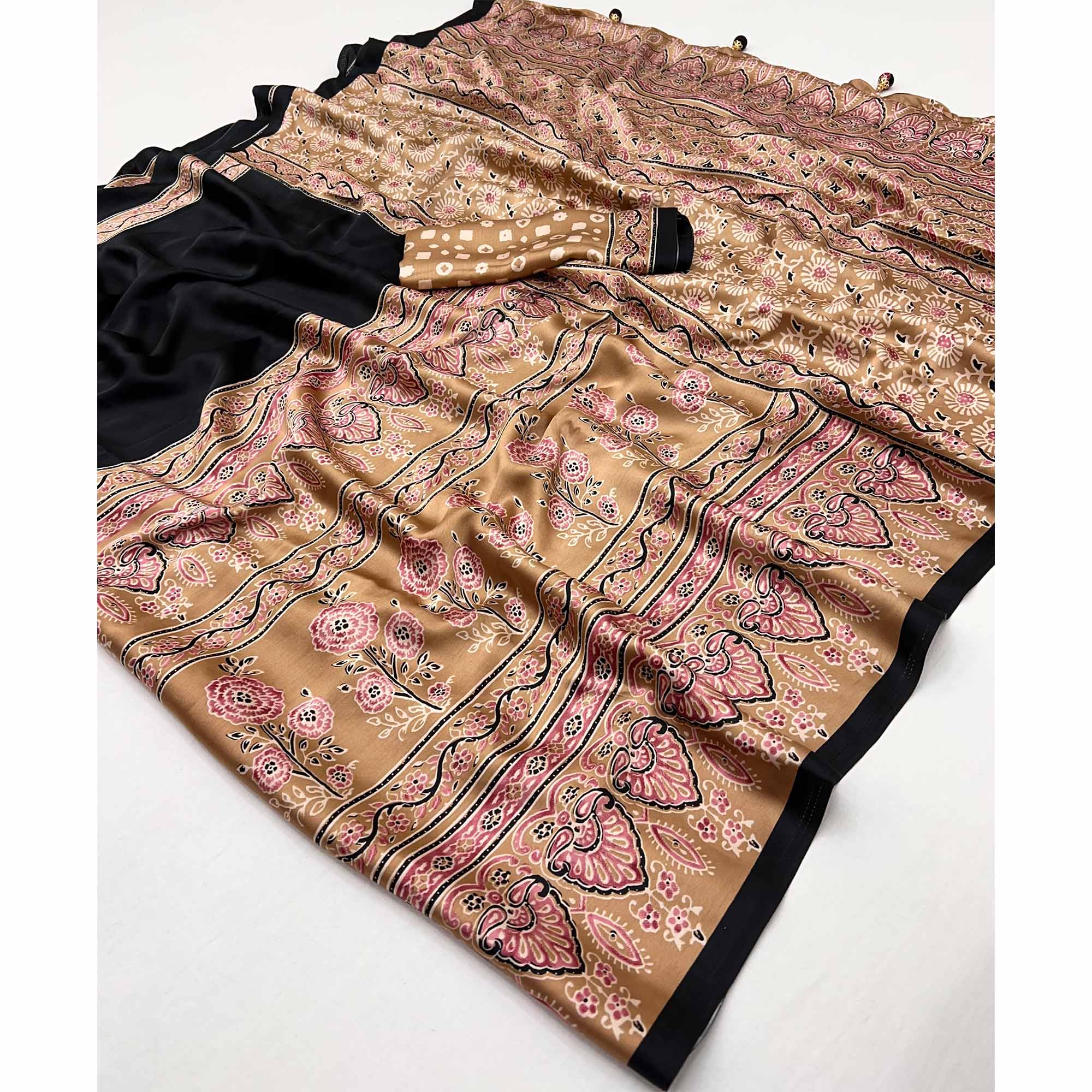 Black & Chikoo Ajrakh Printed Modal Satin Saree with Elegant Party Wear Appeal