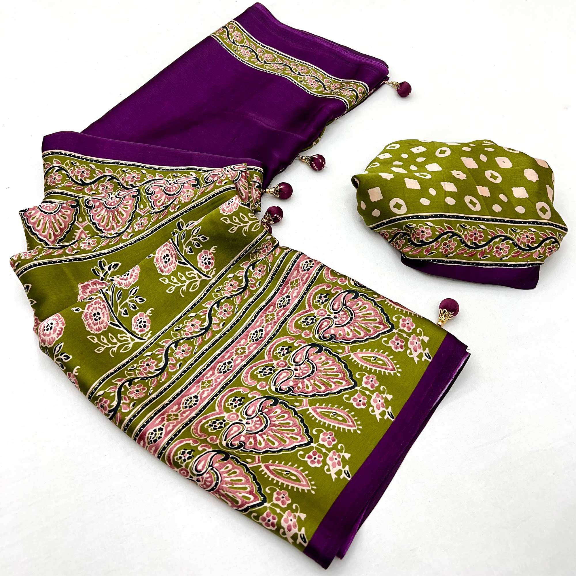 Purple & Green Ajrakh Printed Modal Satin Saree with Elegant Party Wear Appeal