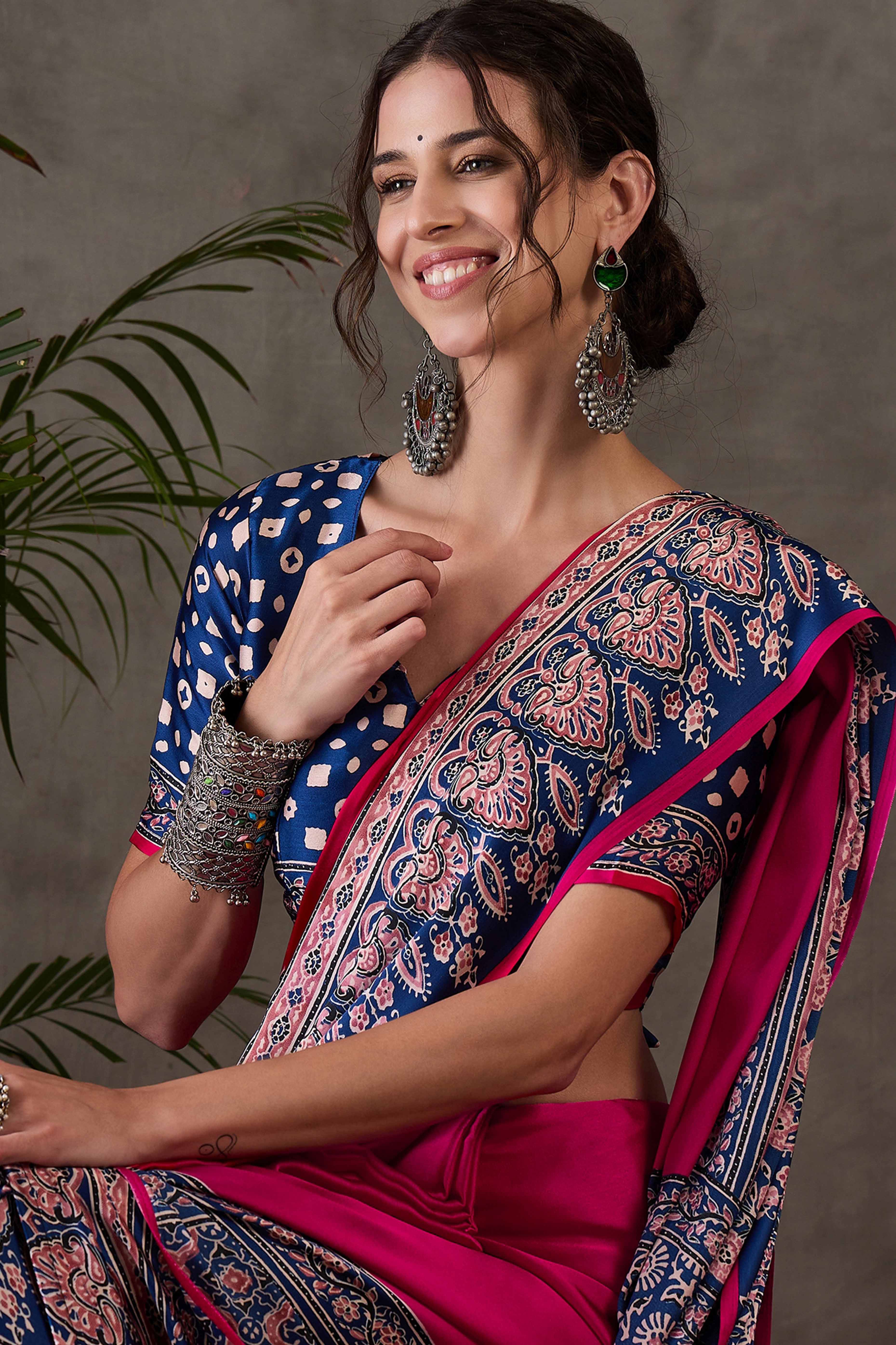 Pink & Blue Ajrakh Printed Modal Satin Saree with Elegant Party Wear Appeal