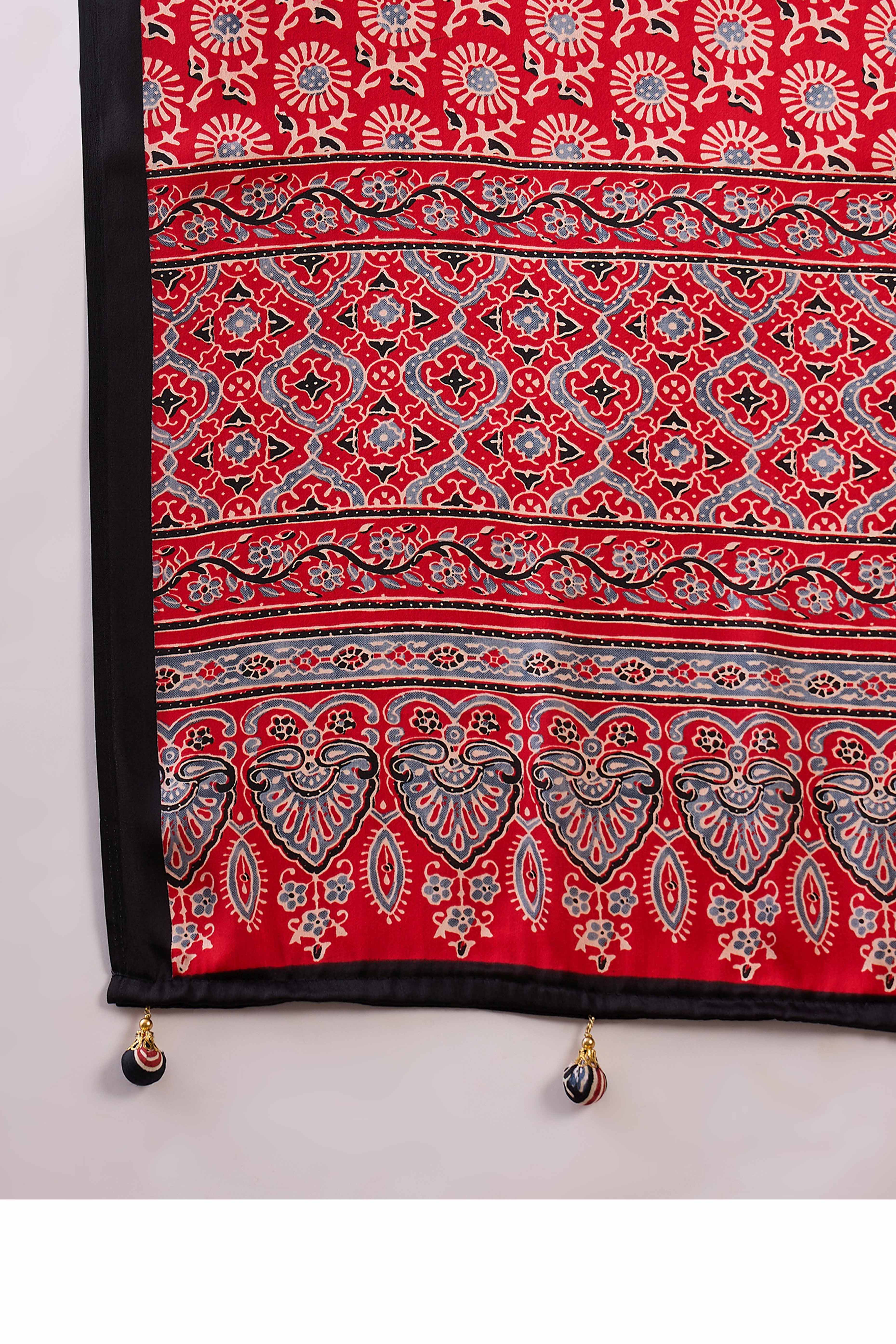 Black & Red Ajrakh Printed Modal Satin Saree with Elegant Party Wear Appeal