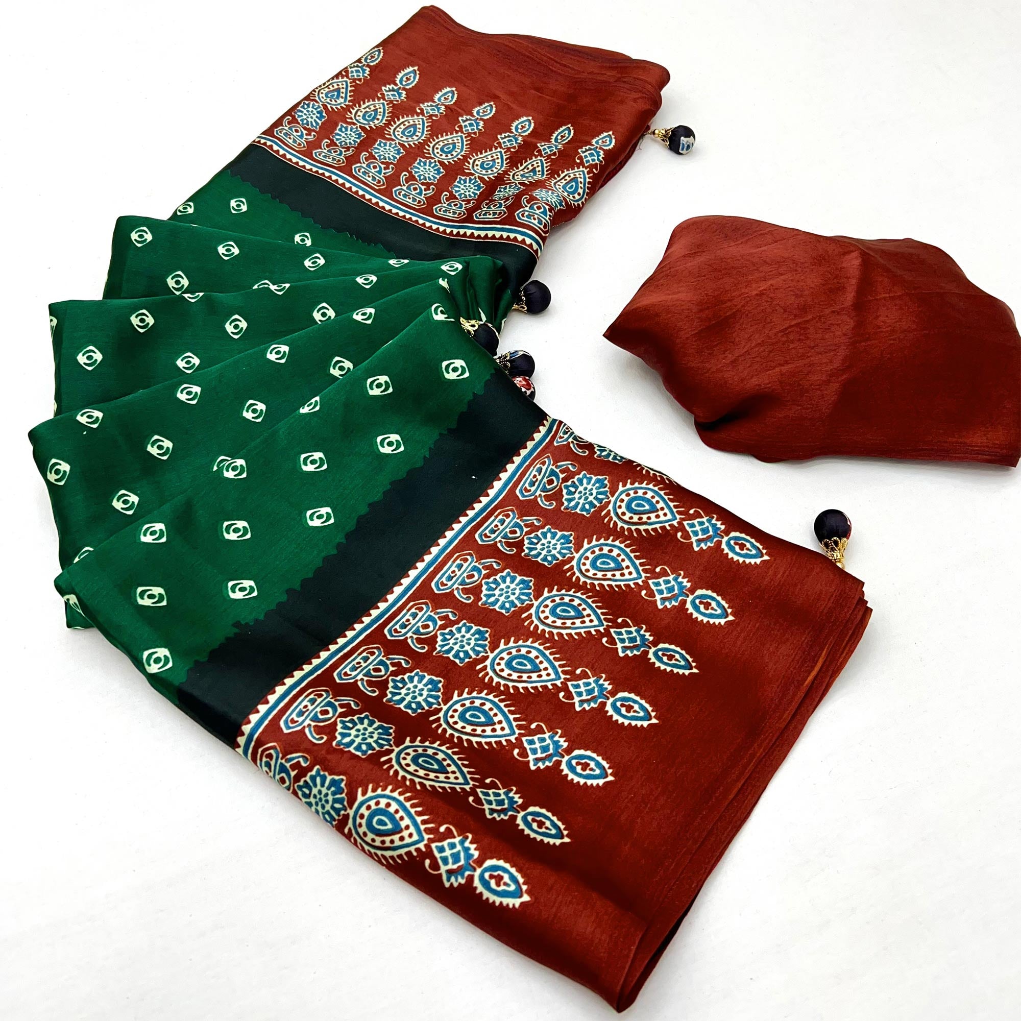 Green Ajrakh Printed Modal Satin Saree with Traditional Ajrakh Charm