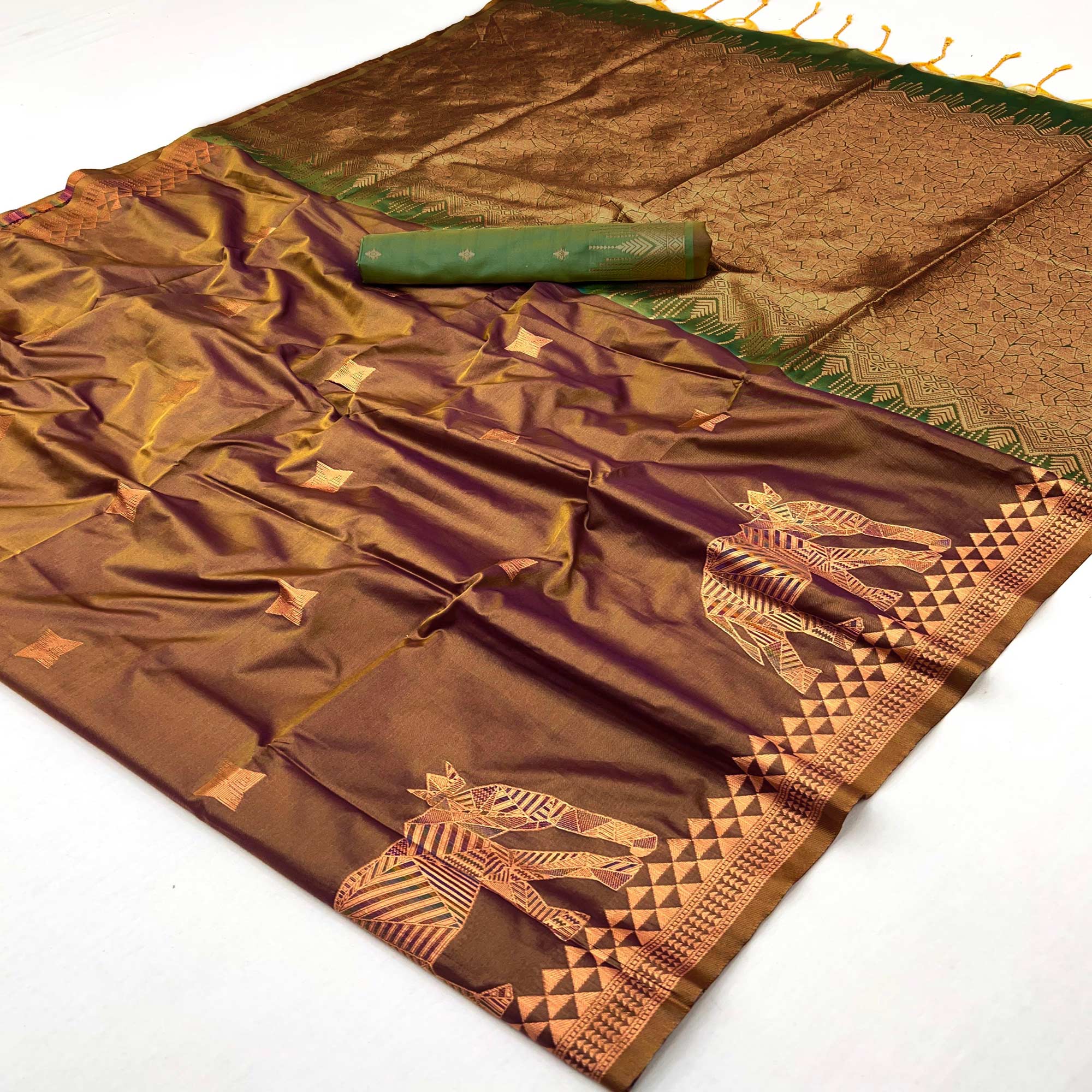 Traditional Brown Pure Silk Saree Featuring Elephant Motif Zari Weaving & Tassel Pallu