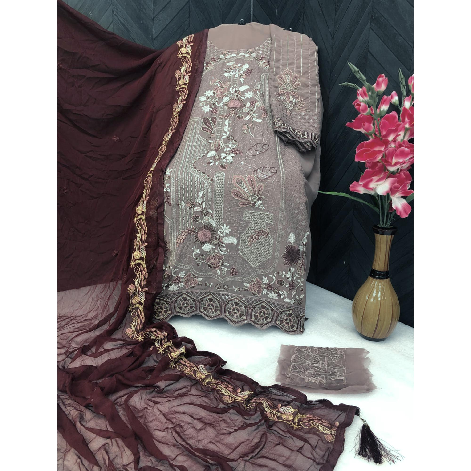 Brown Floral Embroidered Georgette Semi Stitched Pakistani Suit