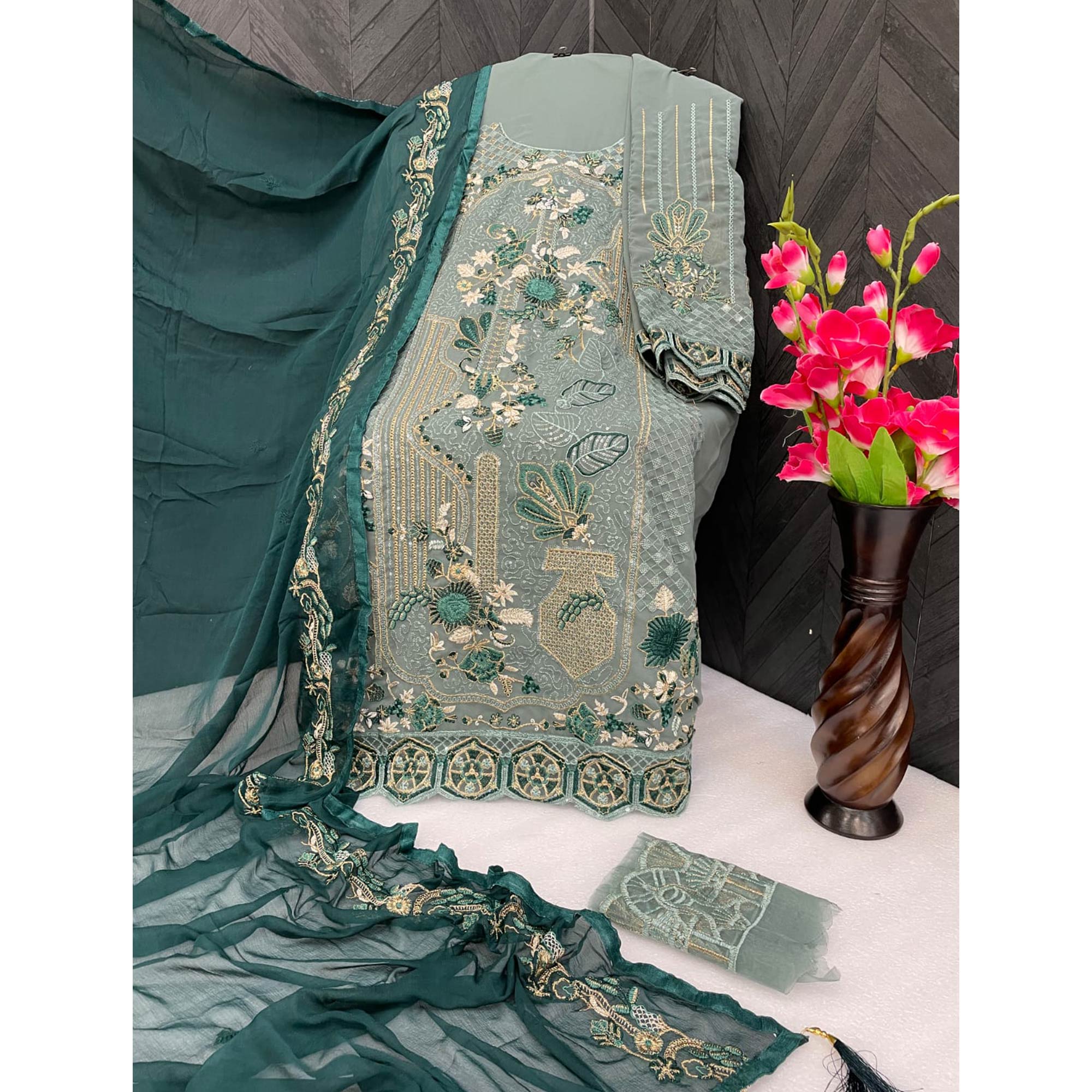 Green Floral Embroidered Georgette Semi Stitched Pakistani Suit
