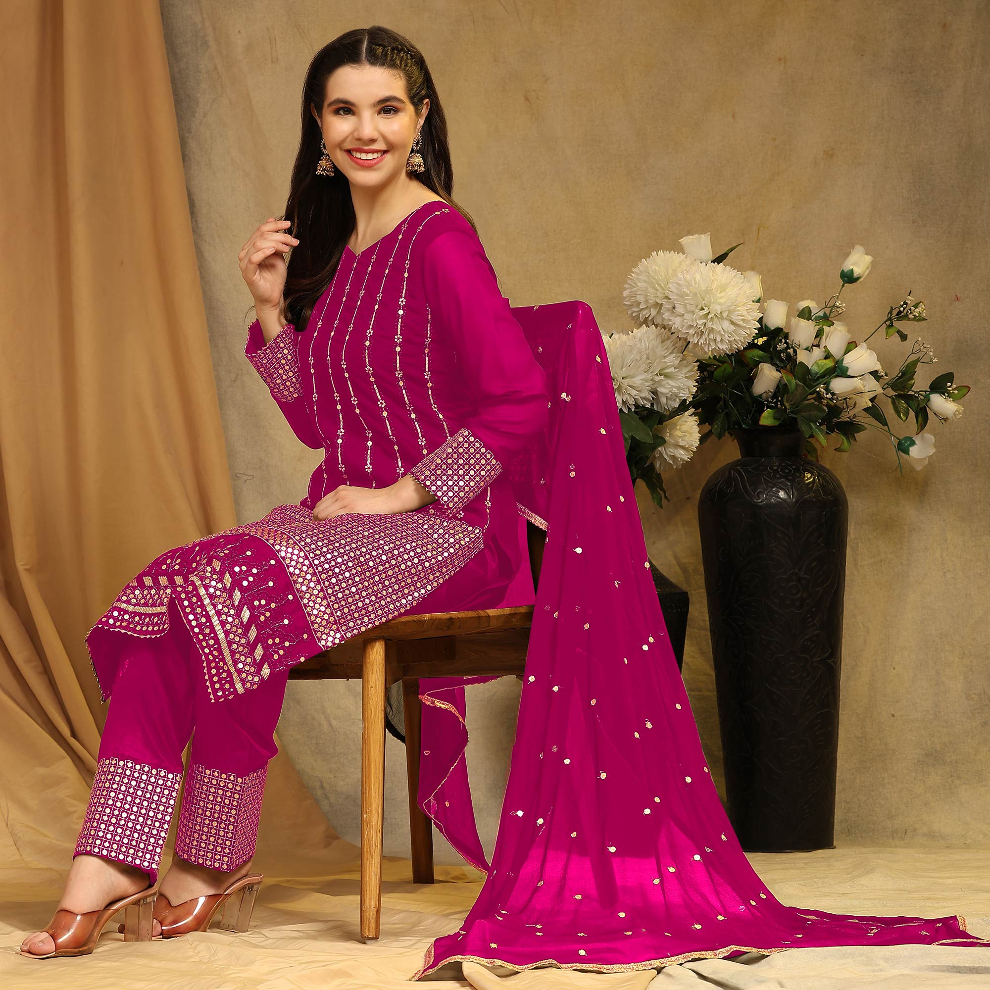 Rani Pink Sequins Embroidered Georgette Semi Stitched Salwar Suit