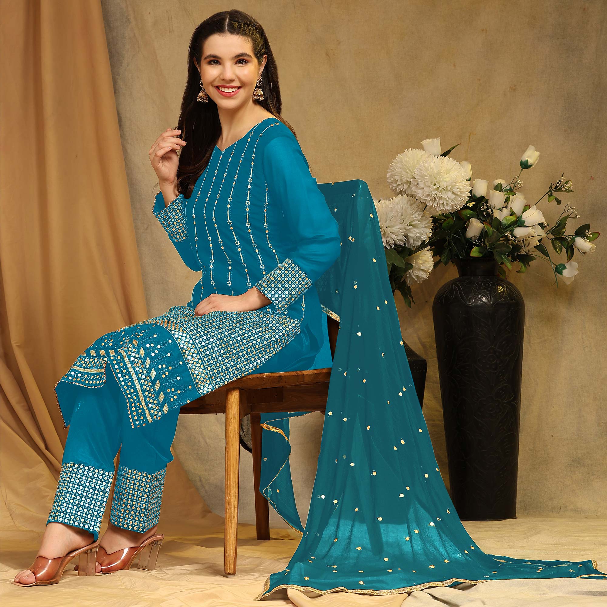 Rama Blue Sequins Embroidered Georgette Semi Stitched Salwar Suit