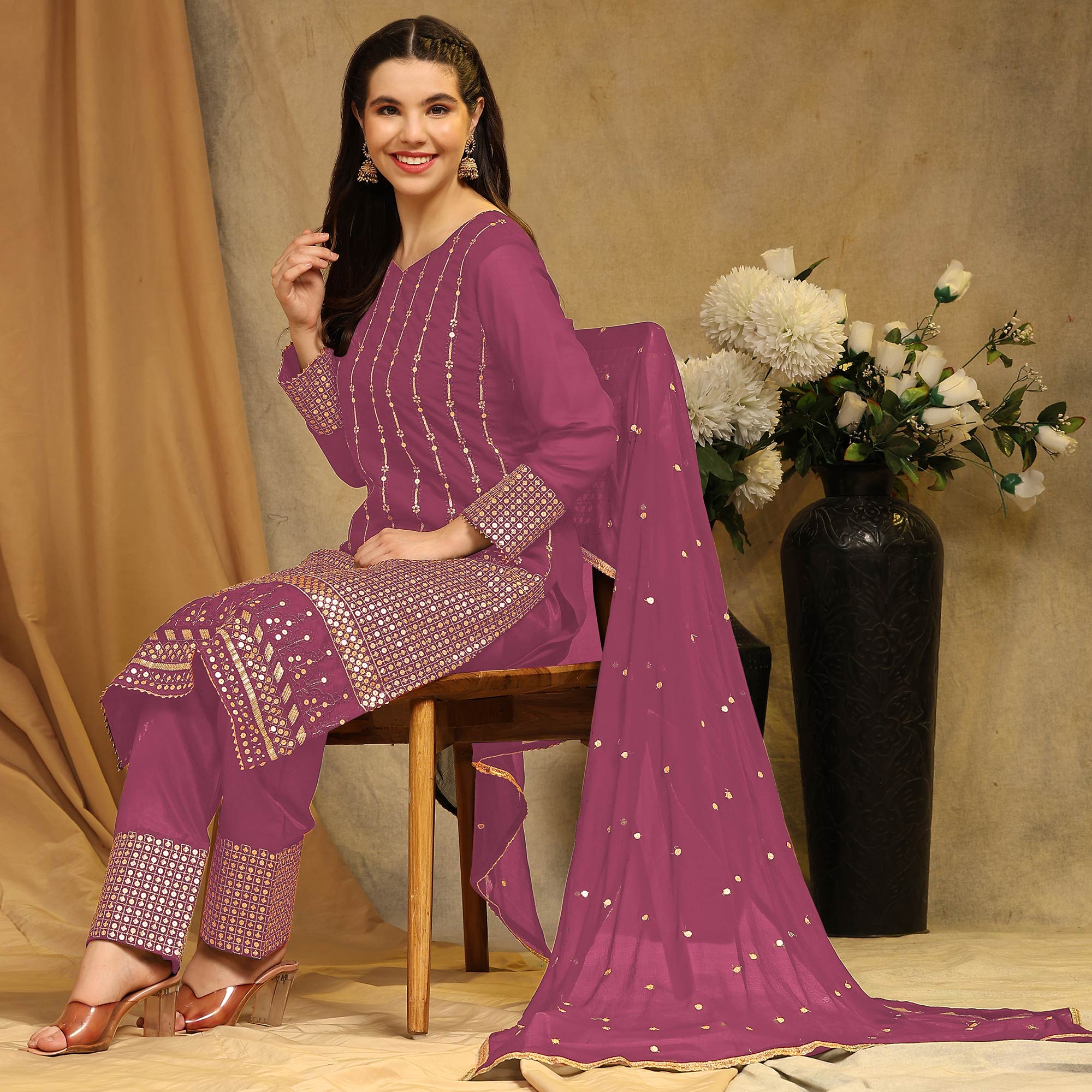 Pink Sequins Embroidered Georgette Semi Stitched Salwar Suit