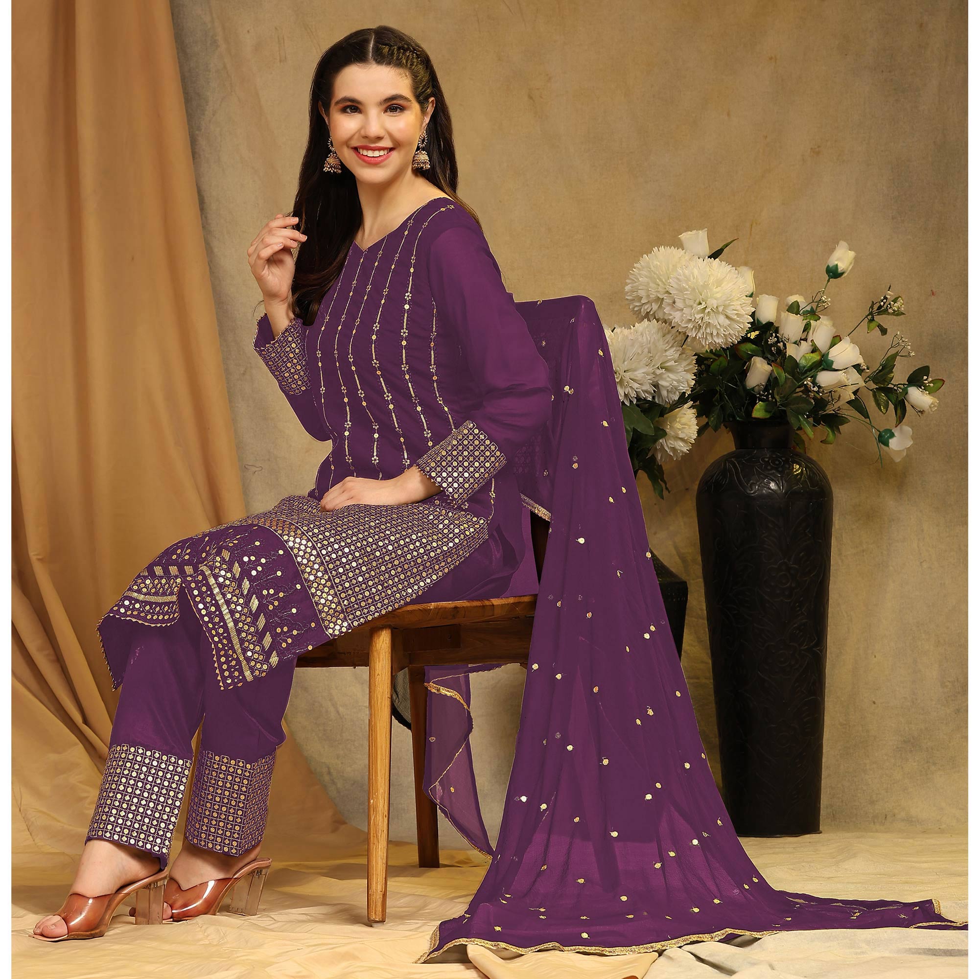 Wine Sequins Embroidered Georgette Semi Stitched Salwar Suit