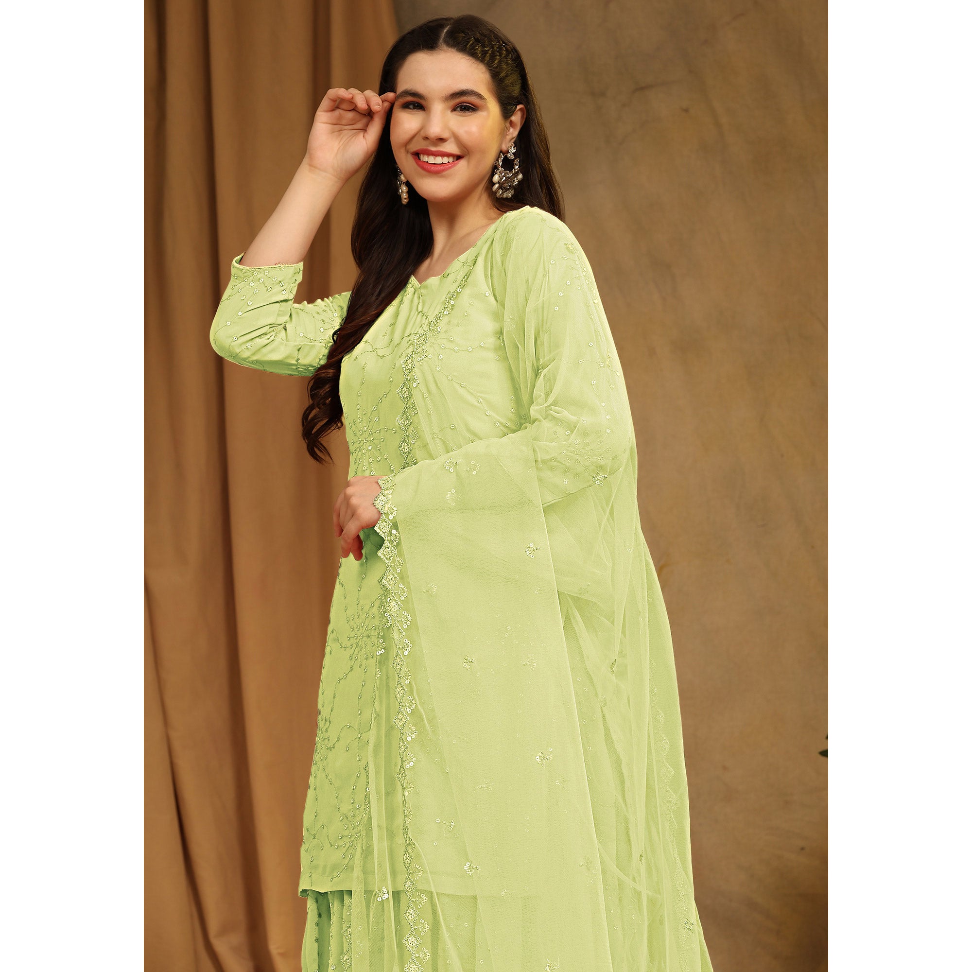 Parrot Green Embroidered Georgette Semi Stitched Sharara Suit