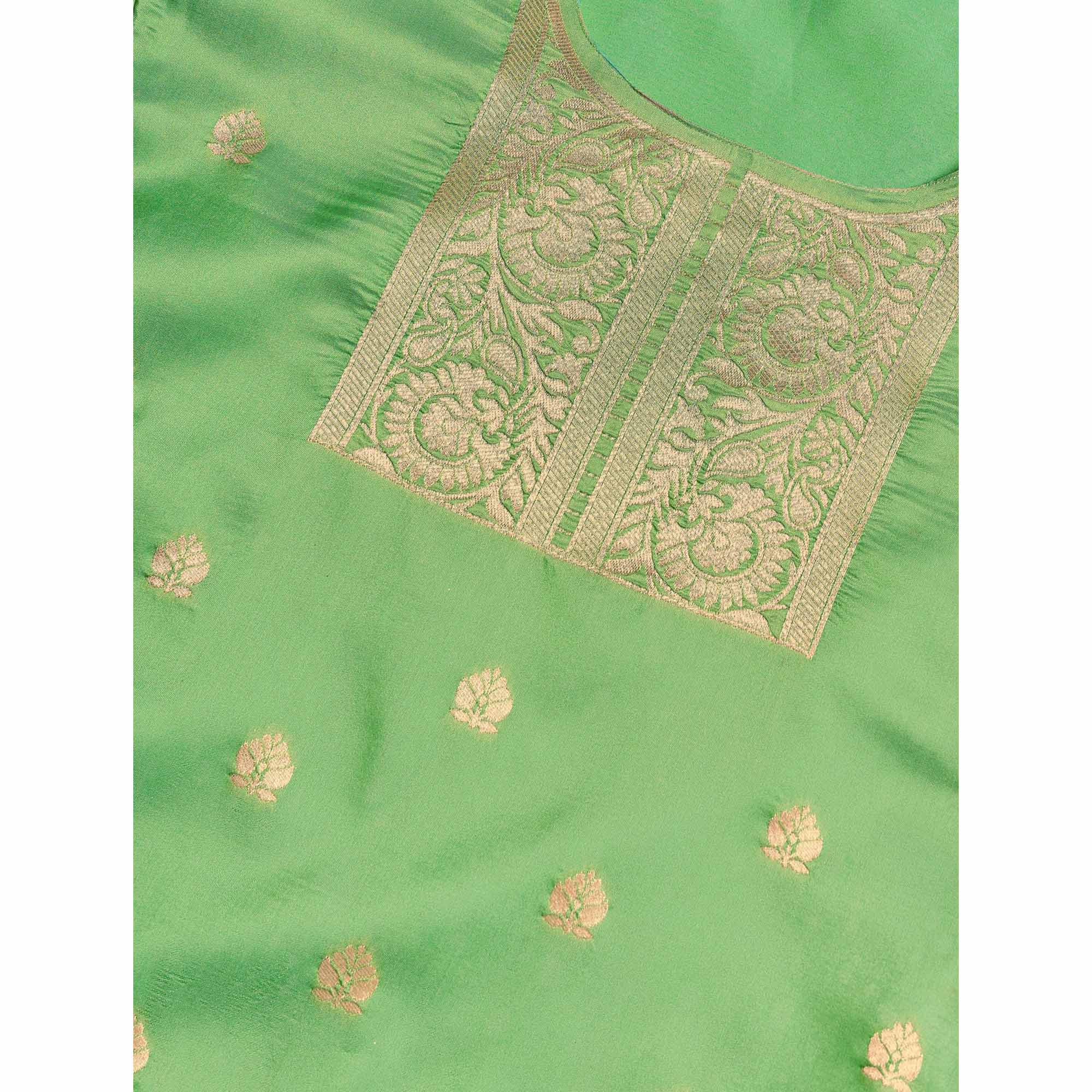 Pista Green Floral Woven Banarasi Silk Paithani Dress Material