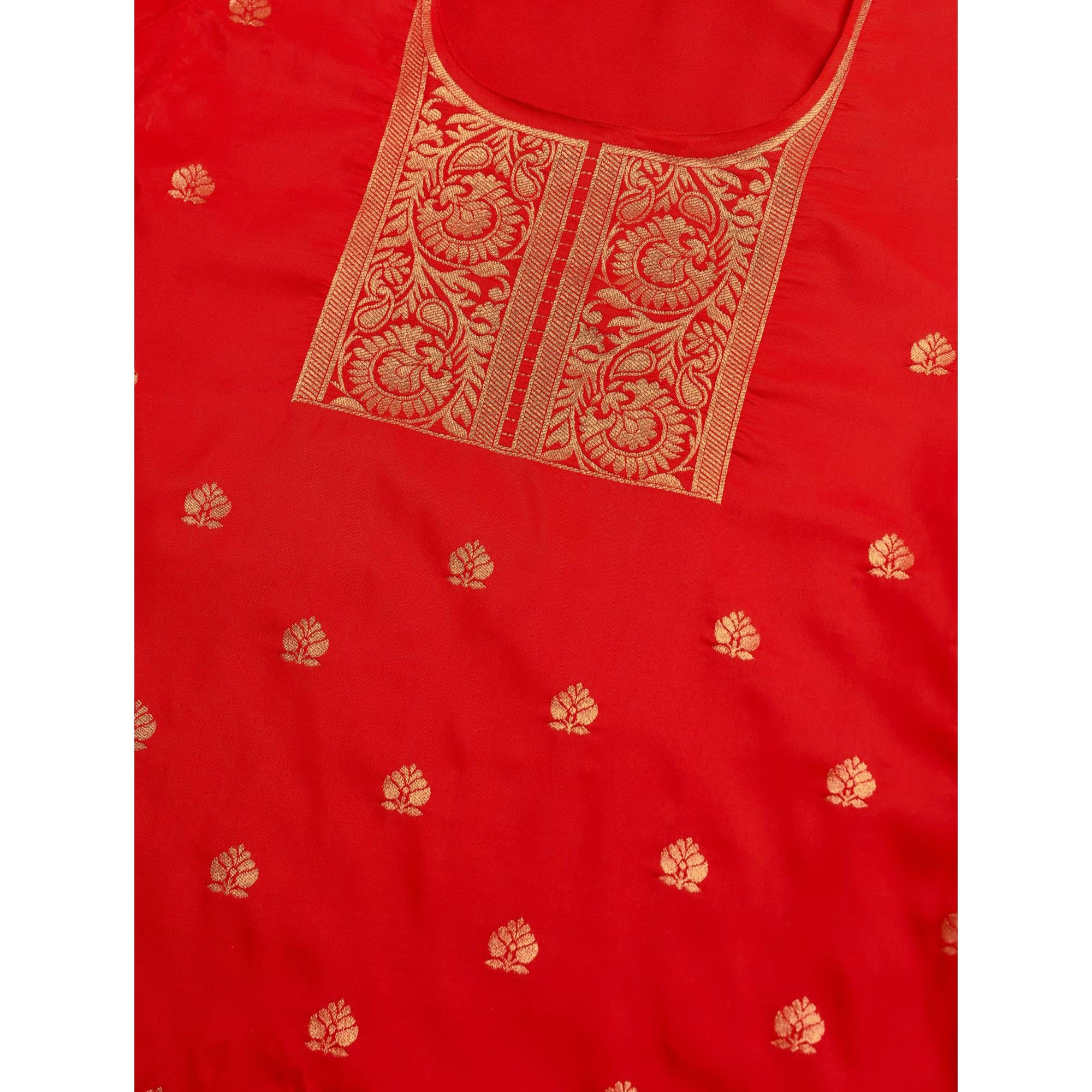 Red Floral Woven Banarasi Silk Paithani Dress Material