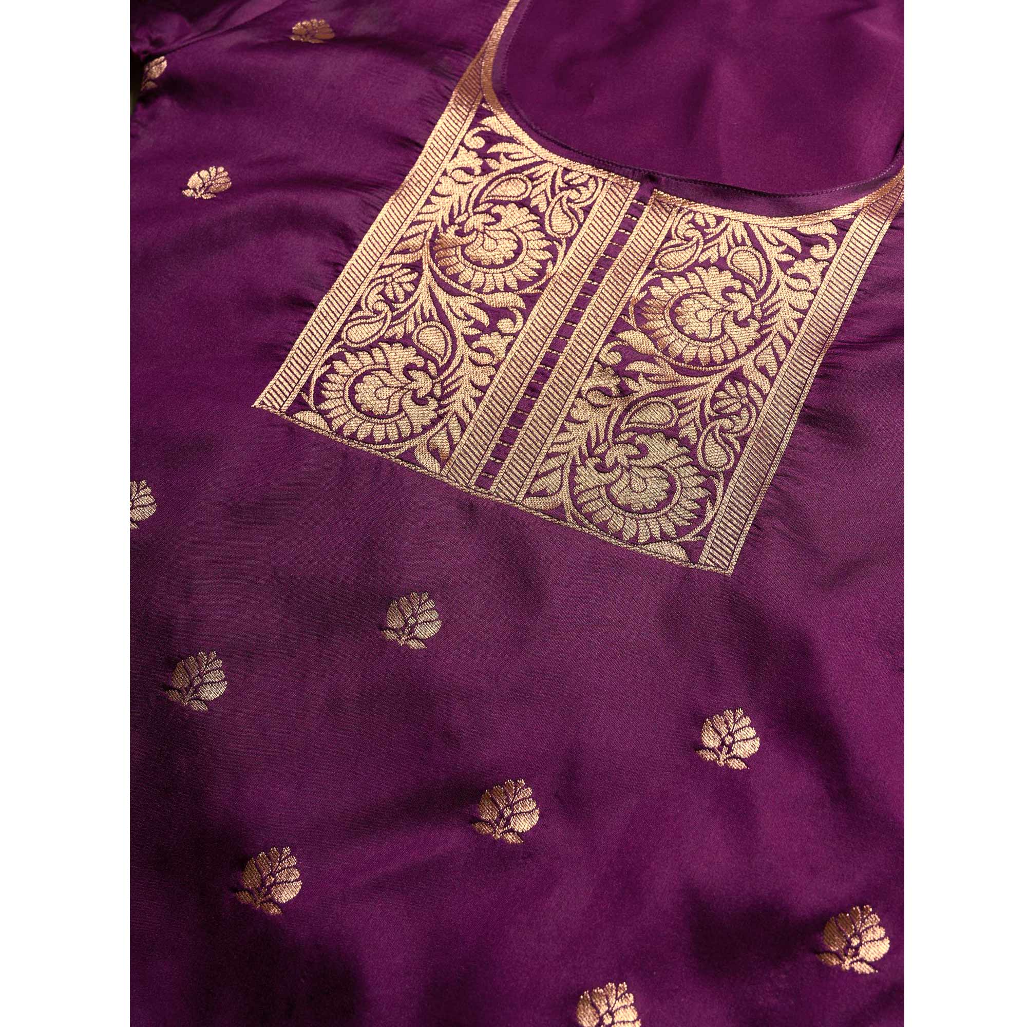 Purple Floral Woven Banarasi Silk Paithani Dress Material