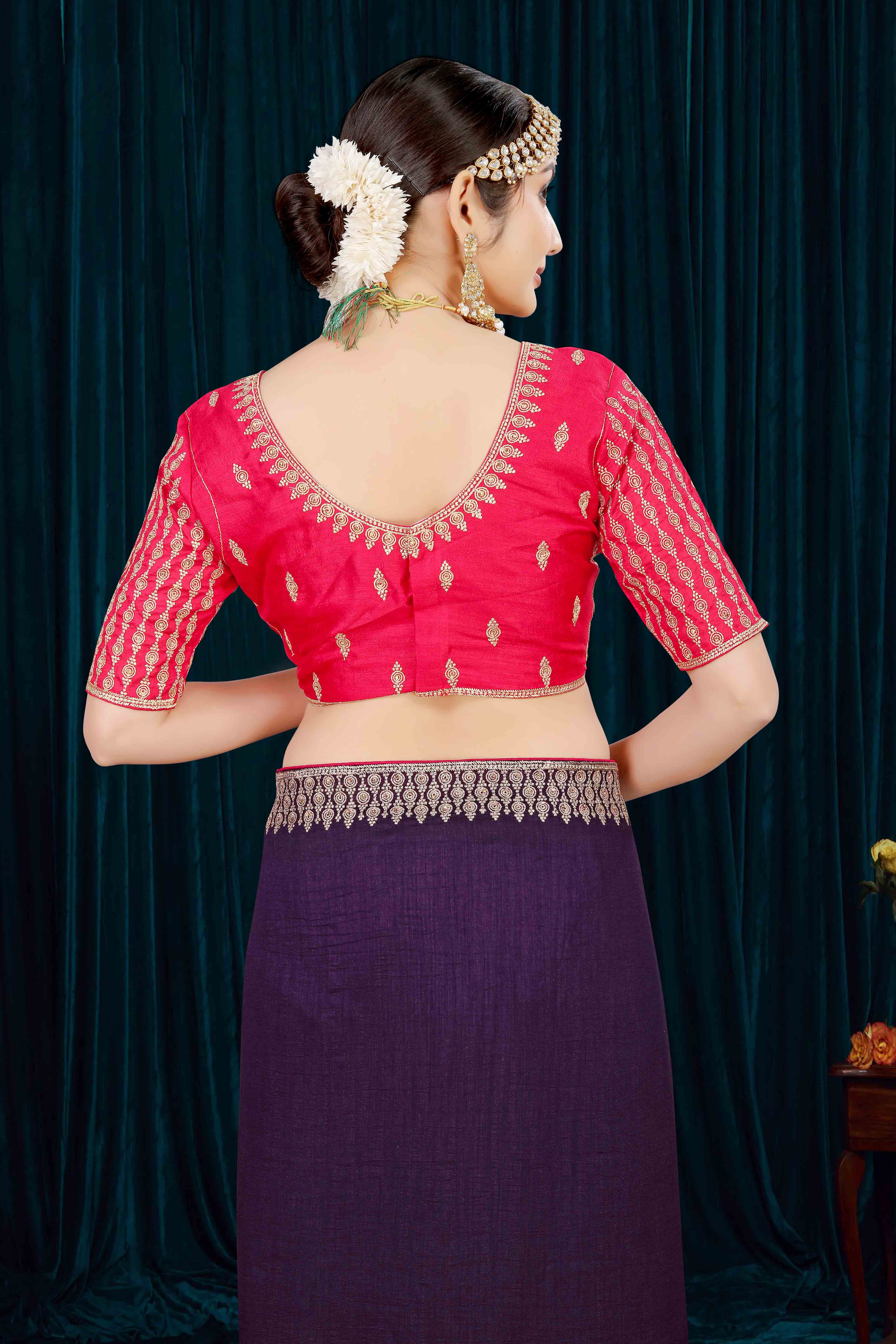 Purple Solid With Zari Embroidered Vichitra Silk Saree