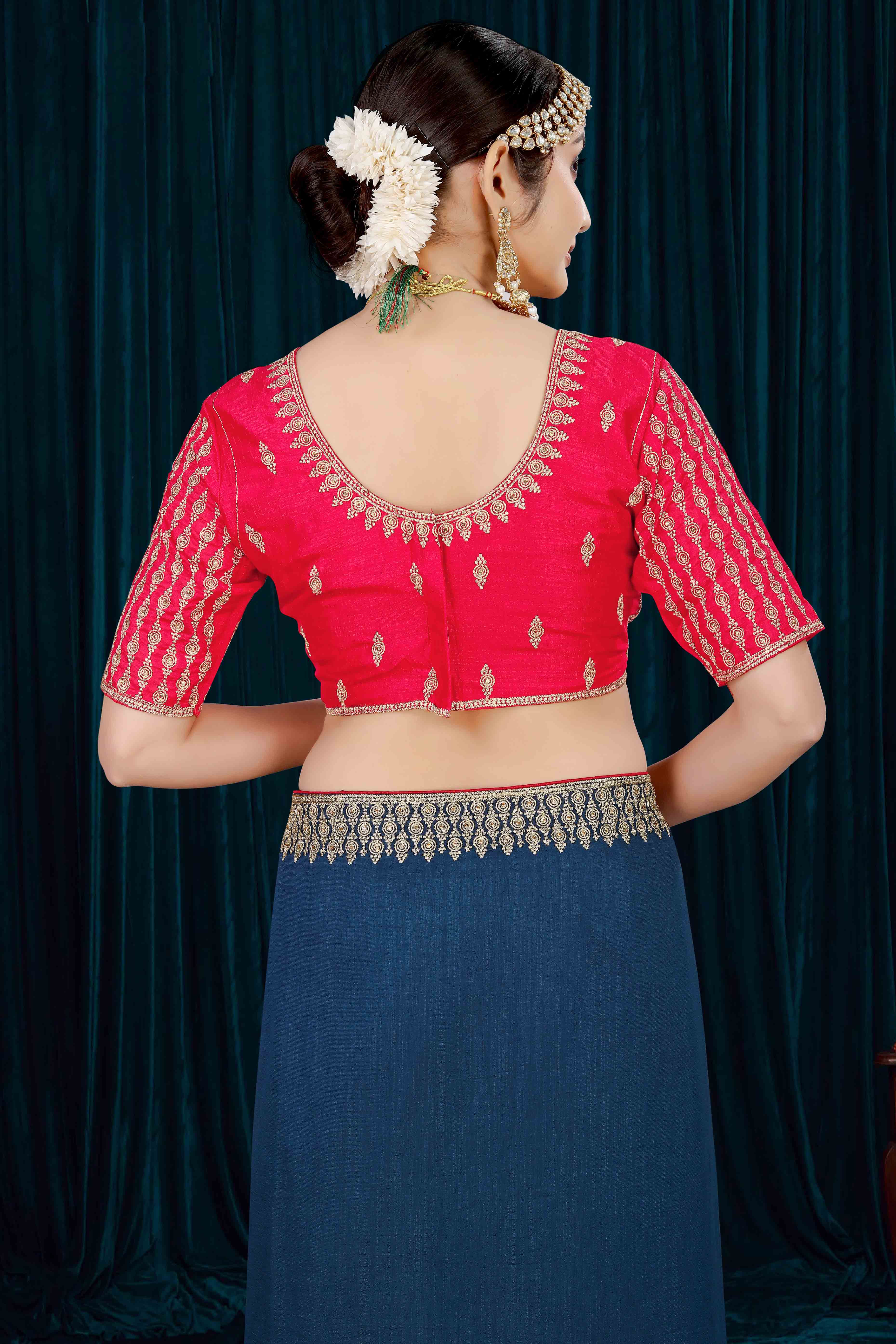 Blue Solid With Zari Embroidered Vichitra Silk Saree