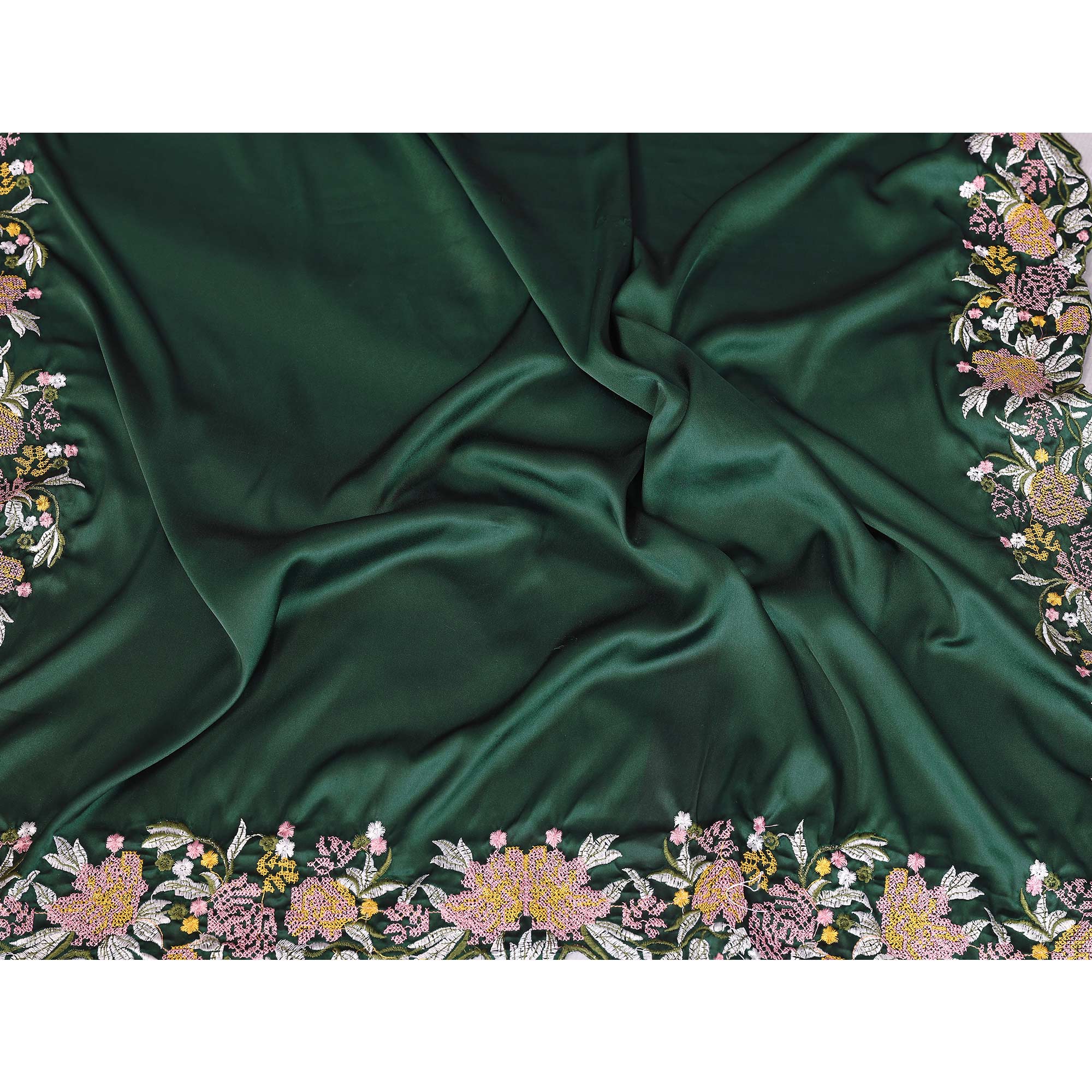 Bottle Green Satin Saree with Delicate Floral Embroidery and Intricate Resham Work