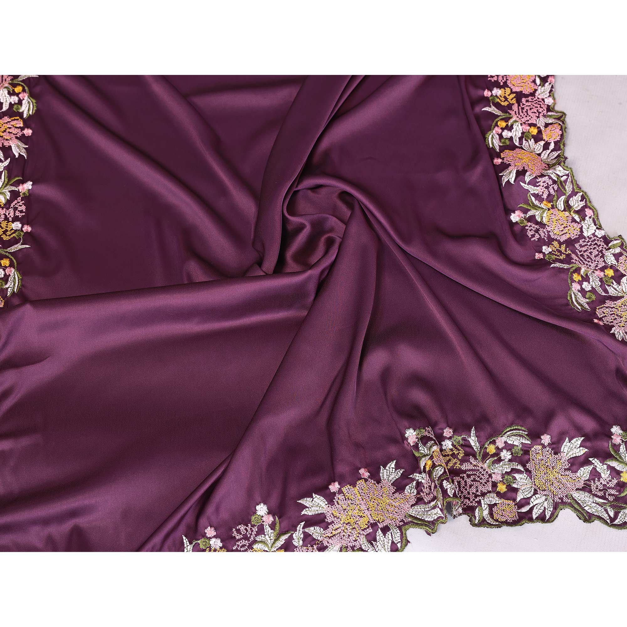 Deep Wine Satin Saree Featuring Floral Embroidery and Elegant Resham Thread Work