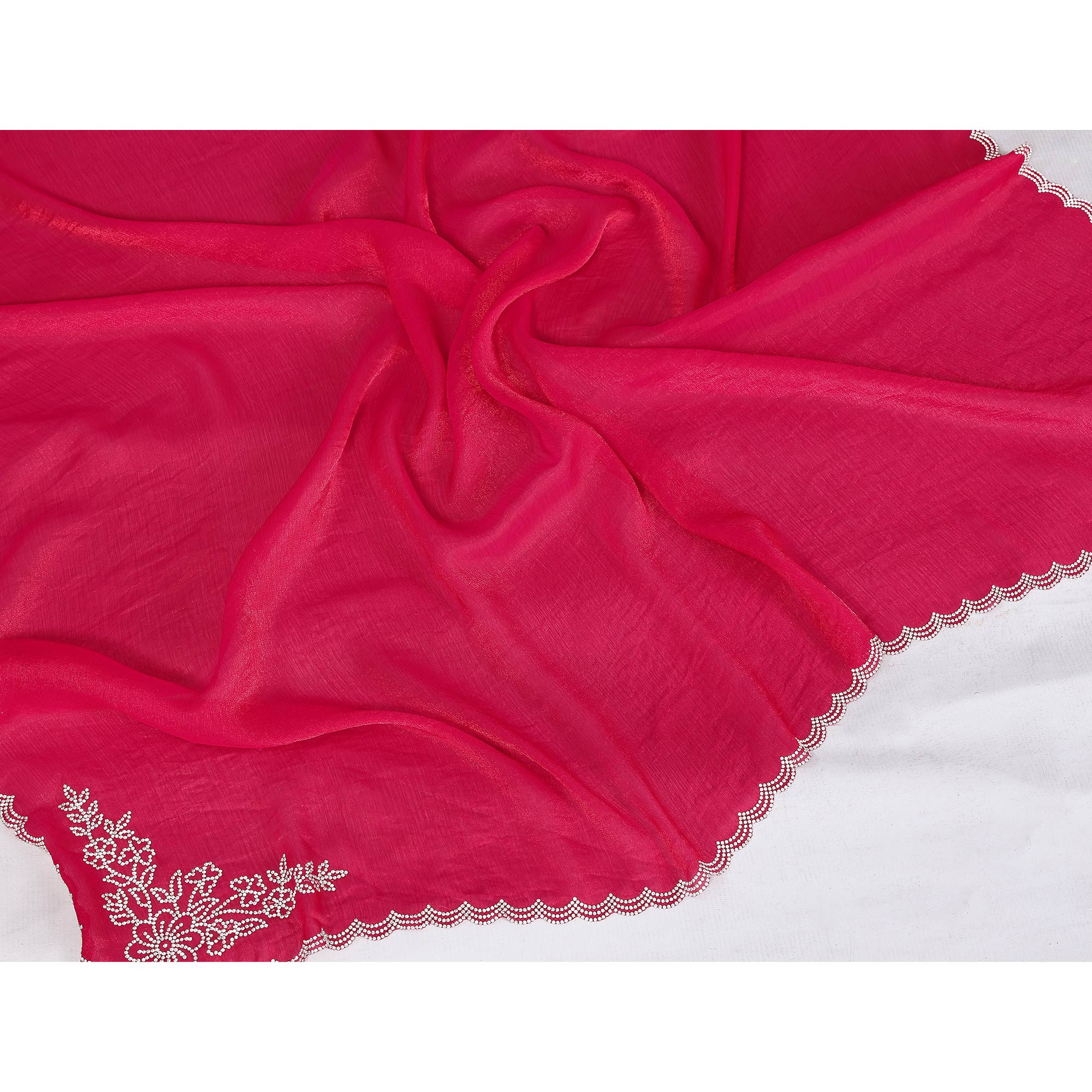 Dark Pink Partywear Chiffon Saree Featuring Intricate Swarovski Stone Embellishment