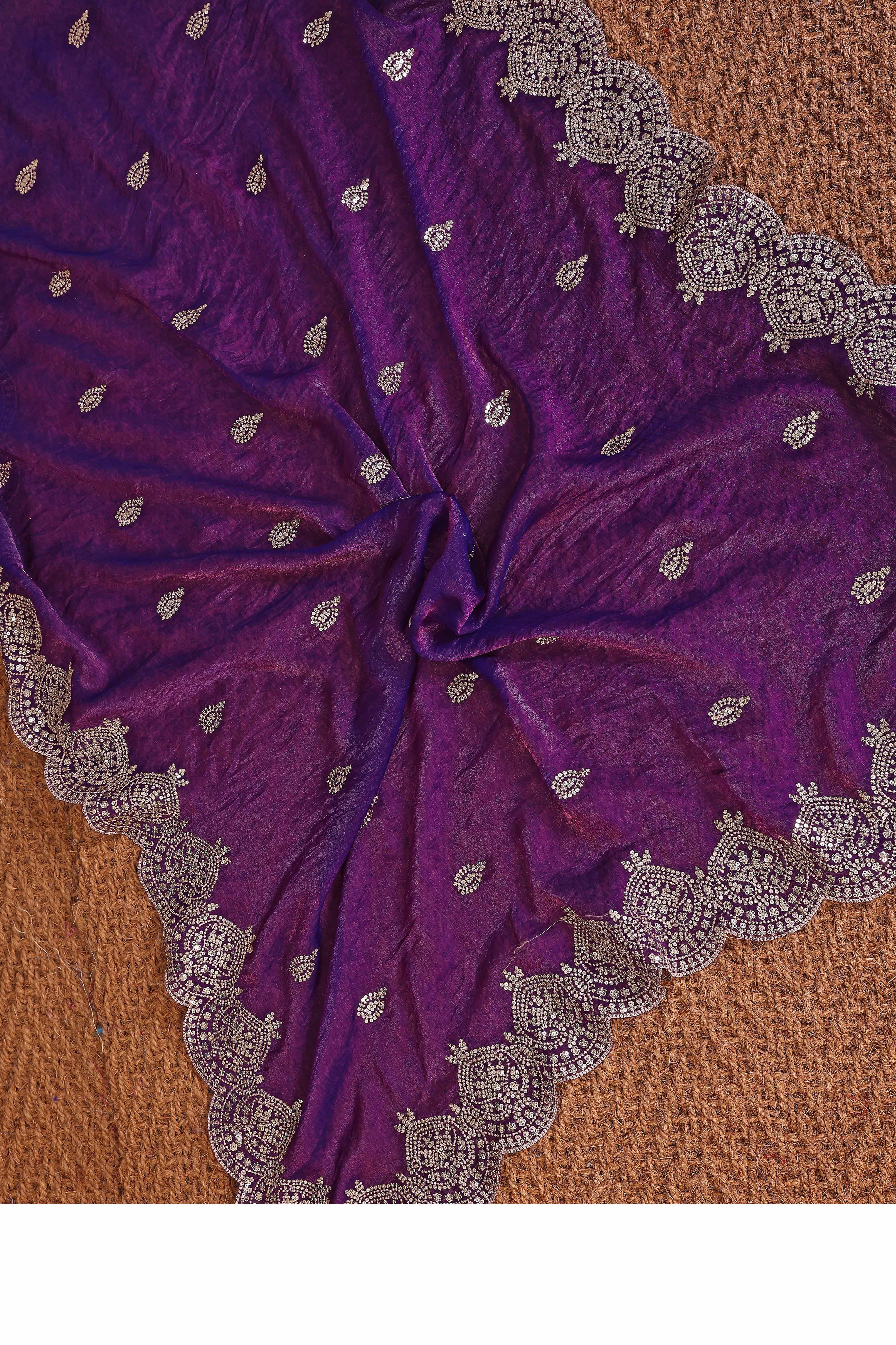 Violet Sequins Work Embroidered Chiffon Partywear Saree with Graceful Shine and Soft Texture