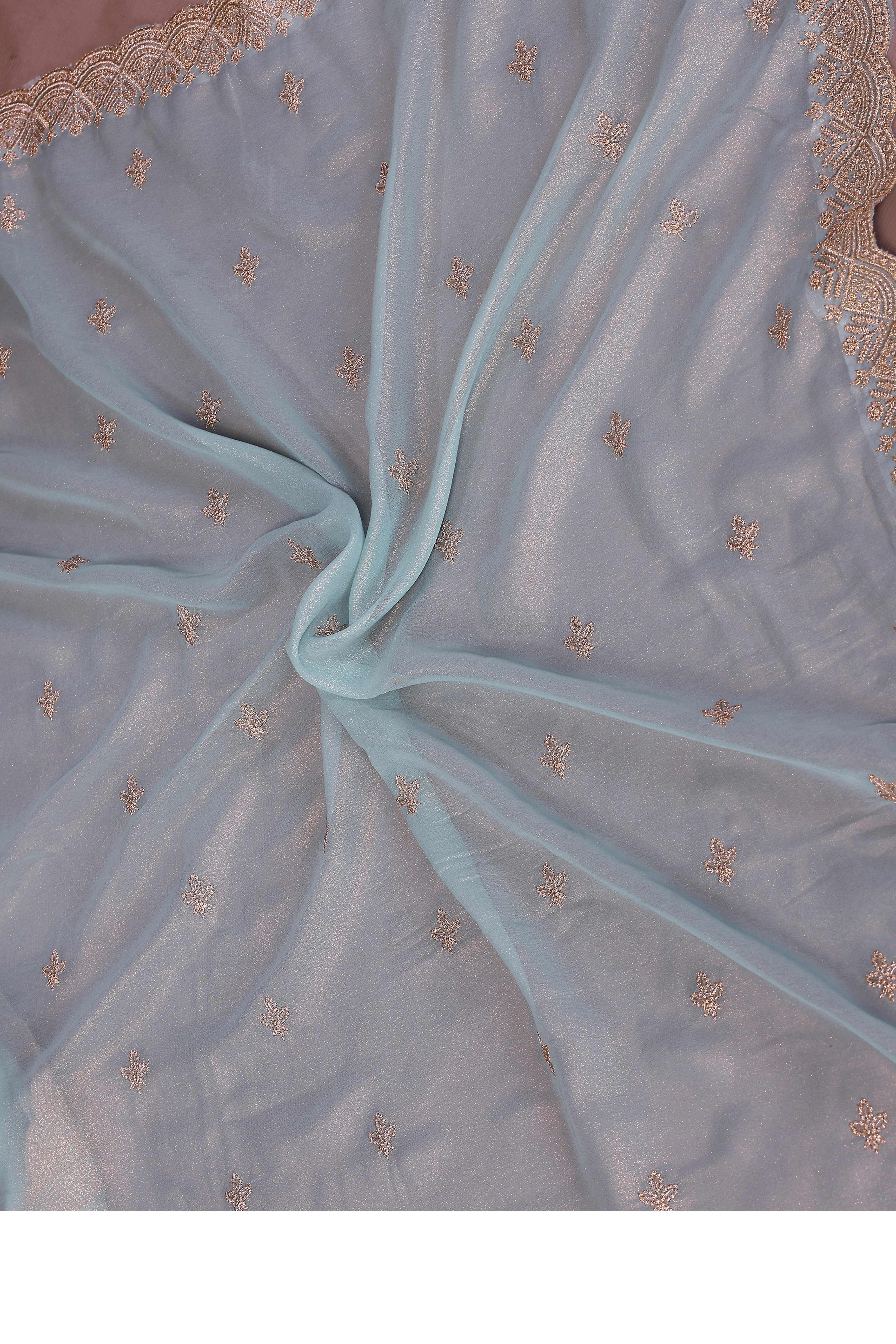 Sky Blue Thread Work Embroidered Georgette Saree Elegant Lightweight Partywear Drape