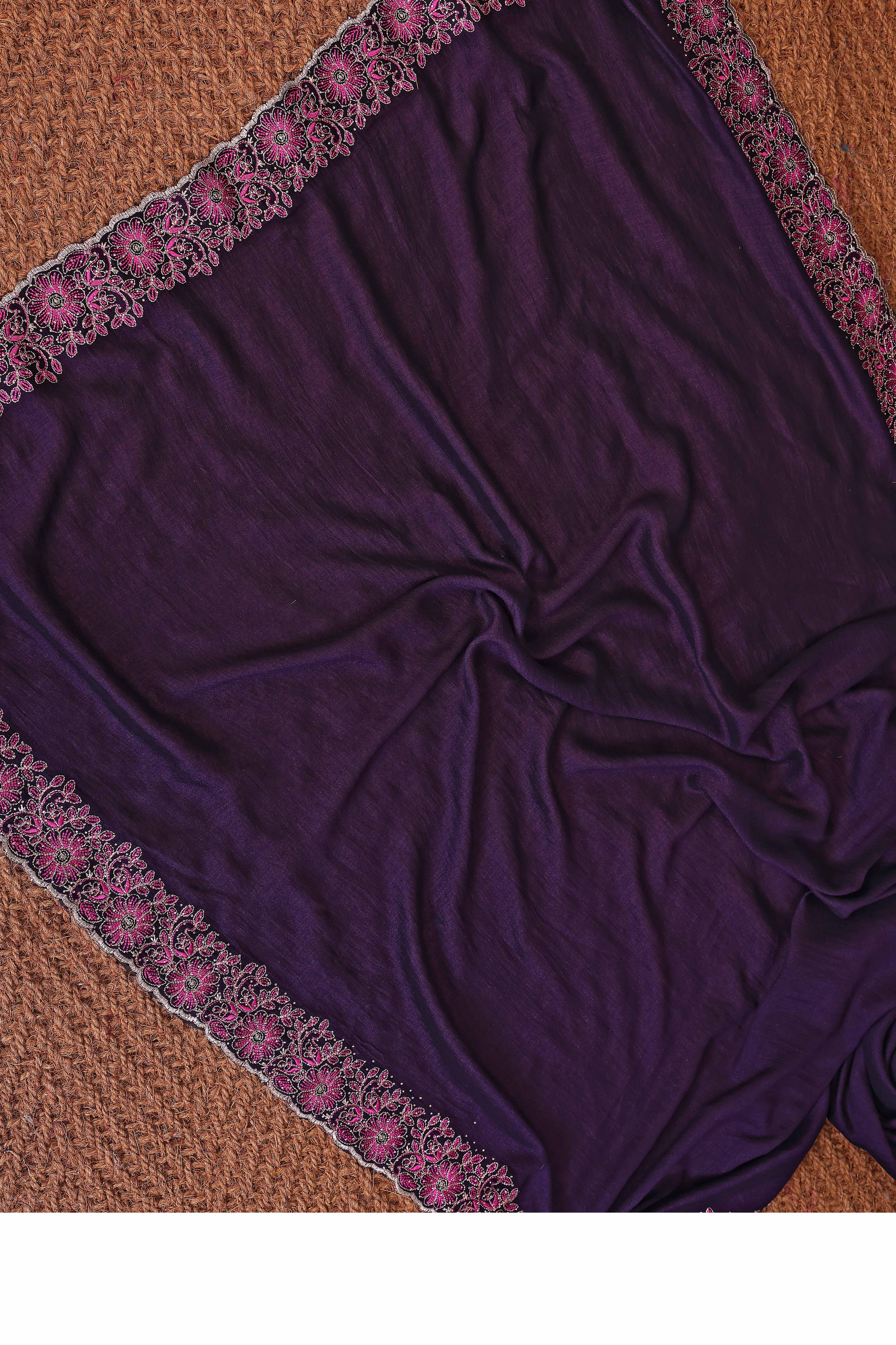 Purple Thread Work Embroidered Vichitra Silk Partywear Saree with Lustrous Finish