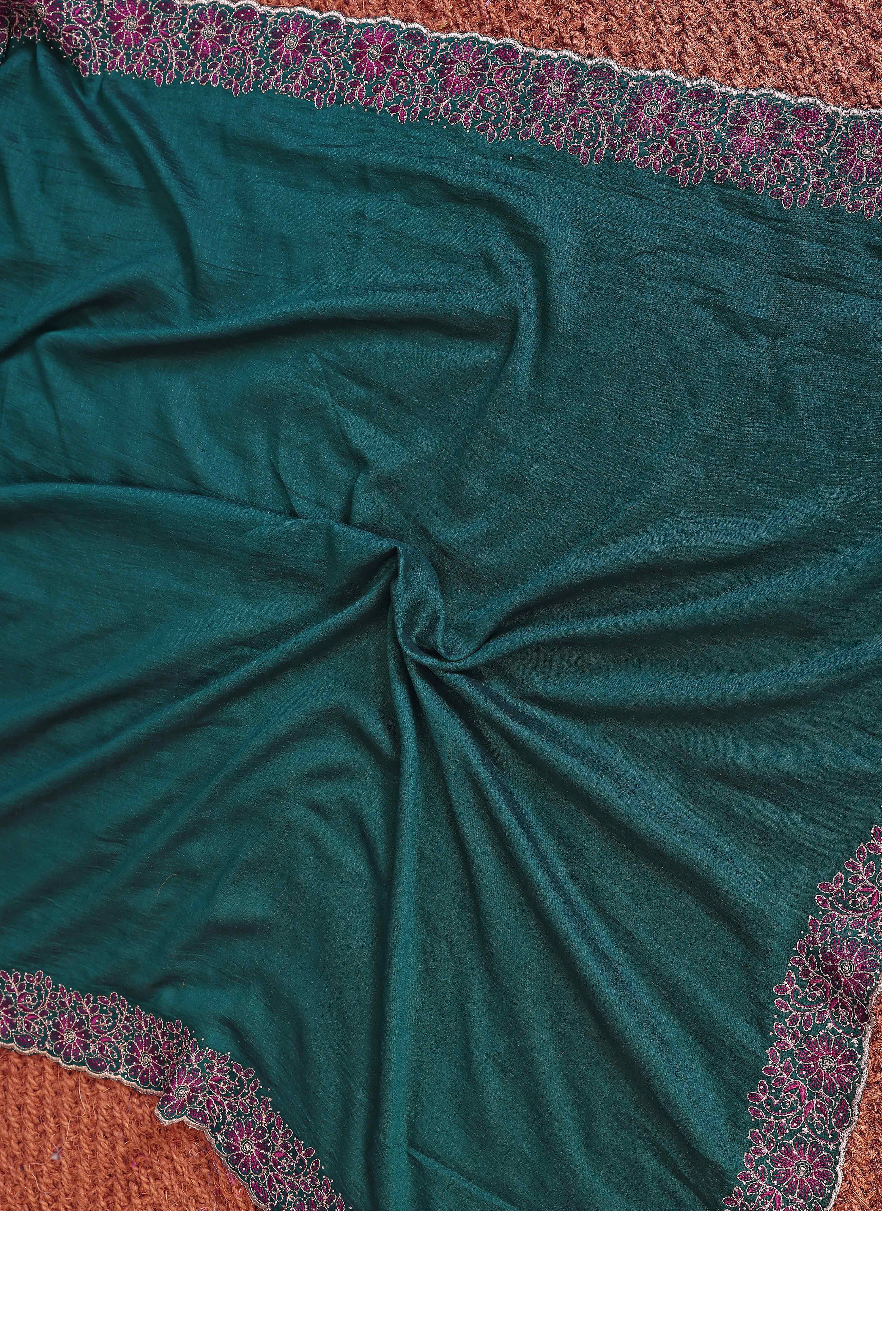 Morpich Green Thread Work Embroidered Vichitra Silk Saree Premium Partywear with Elegant Design