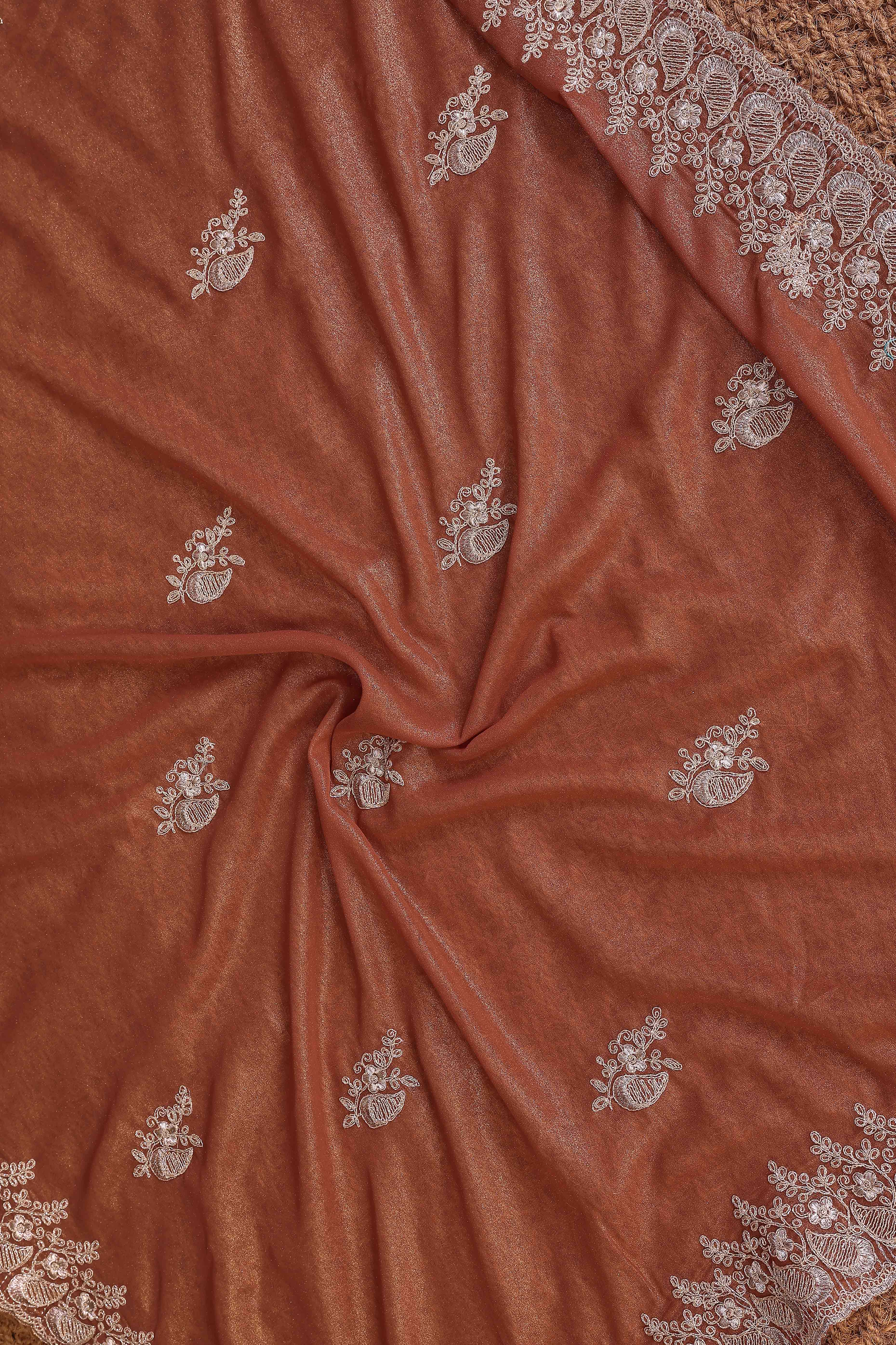 Brown Thread Work Embroidered Georgette Partywear Saree with Classic Designer Appeal