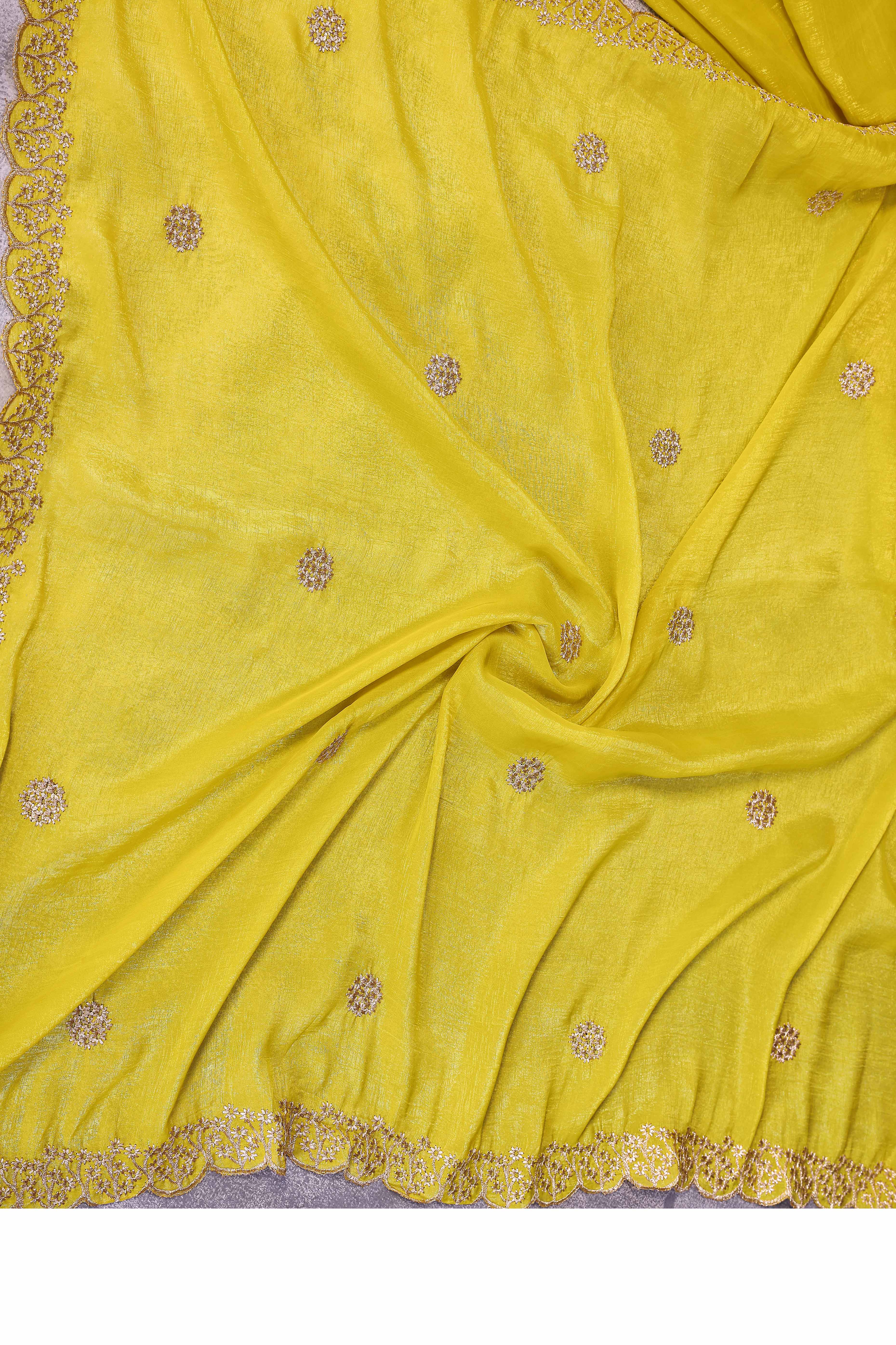 Yellow Designer Crunchy Saree Enhanced with Delicate Thread Work Embroidery