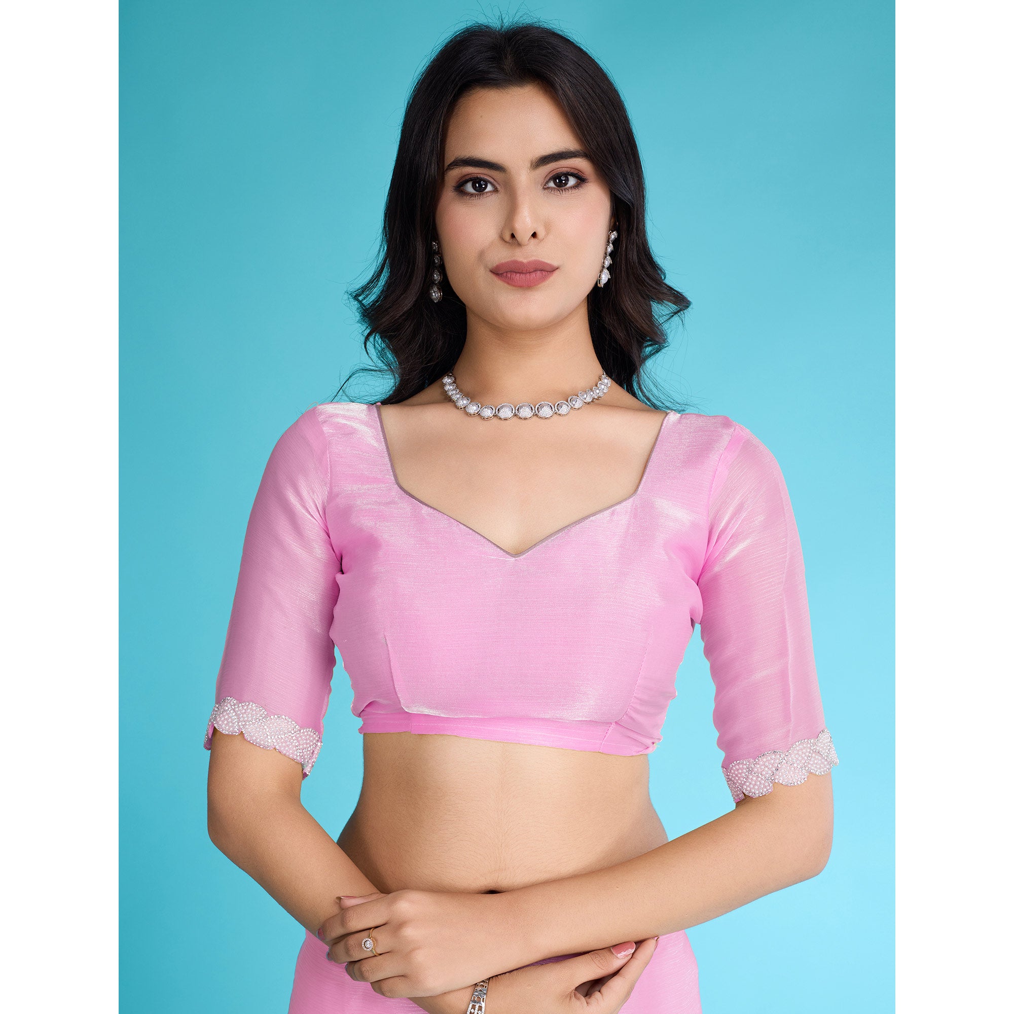 Pink Solid With Zarkan & Ceramic Pearl Diamond Lace Tissue Saree