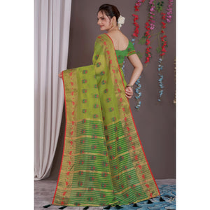 Green Floral Woven Cotton Silk Saree With Tassels