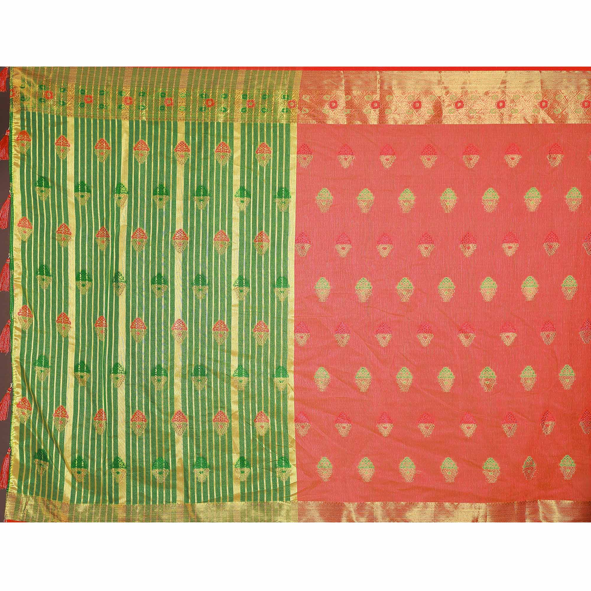 Red Floral Woven Cotton Silk Saree With Tassels
