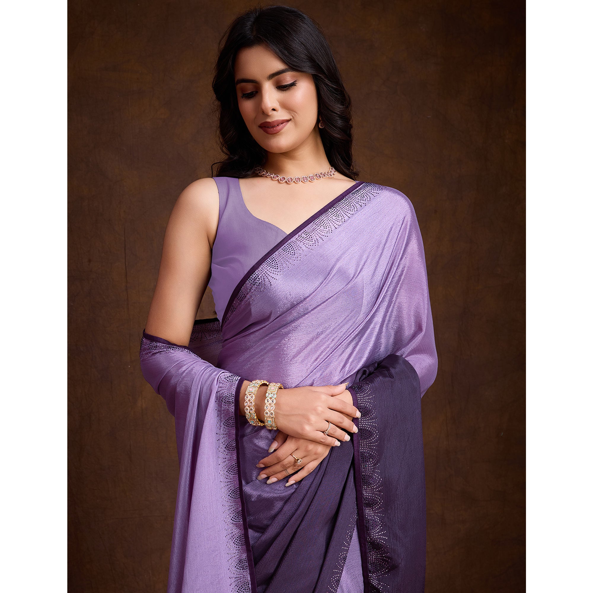Purple Swarovski Border Work Chinon Ombre Saree