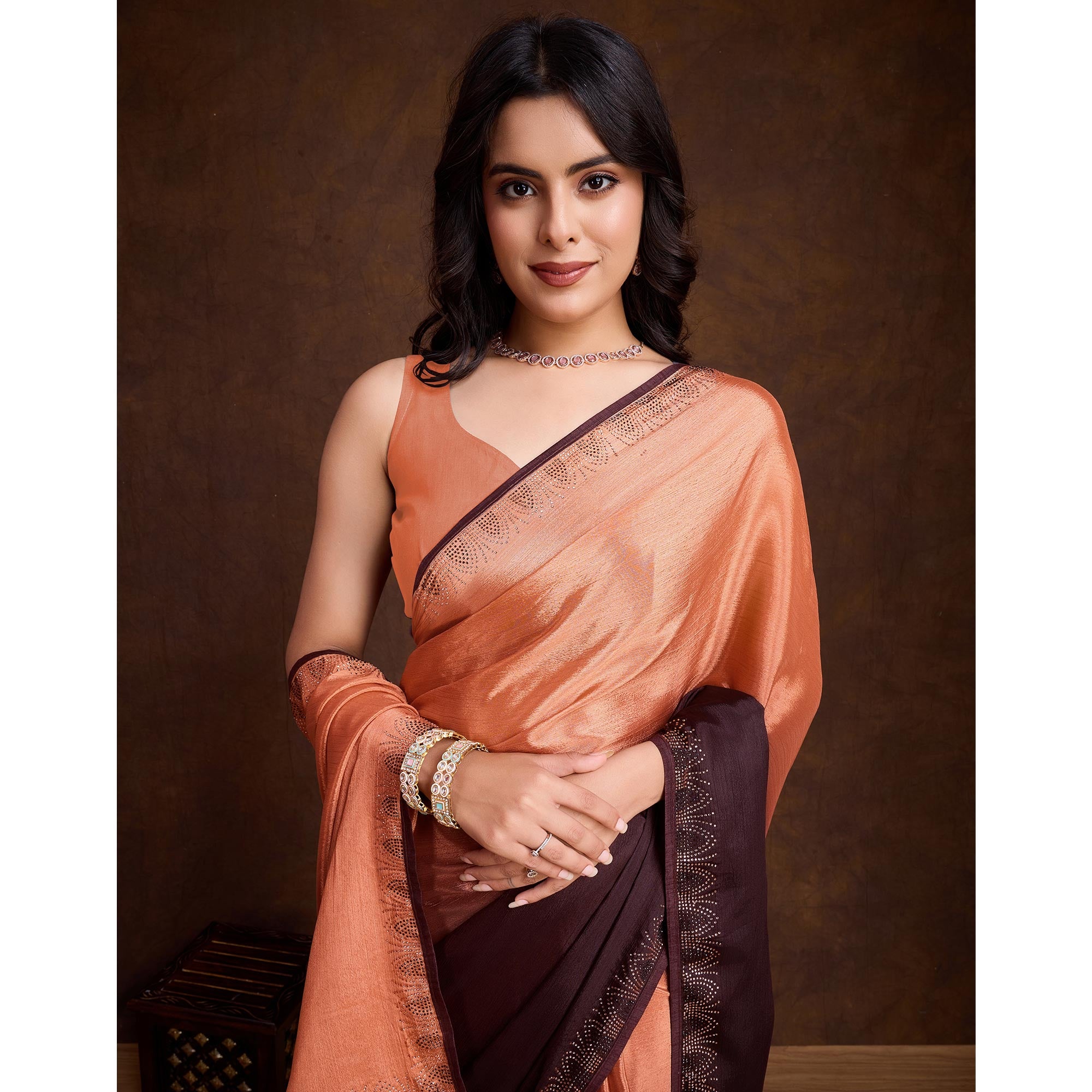 Peach & Brown Swarovski Border Work Chinon Ombre Saree