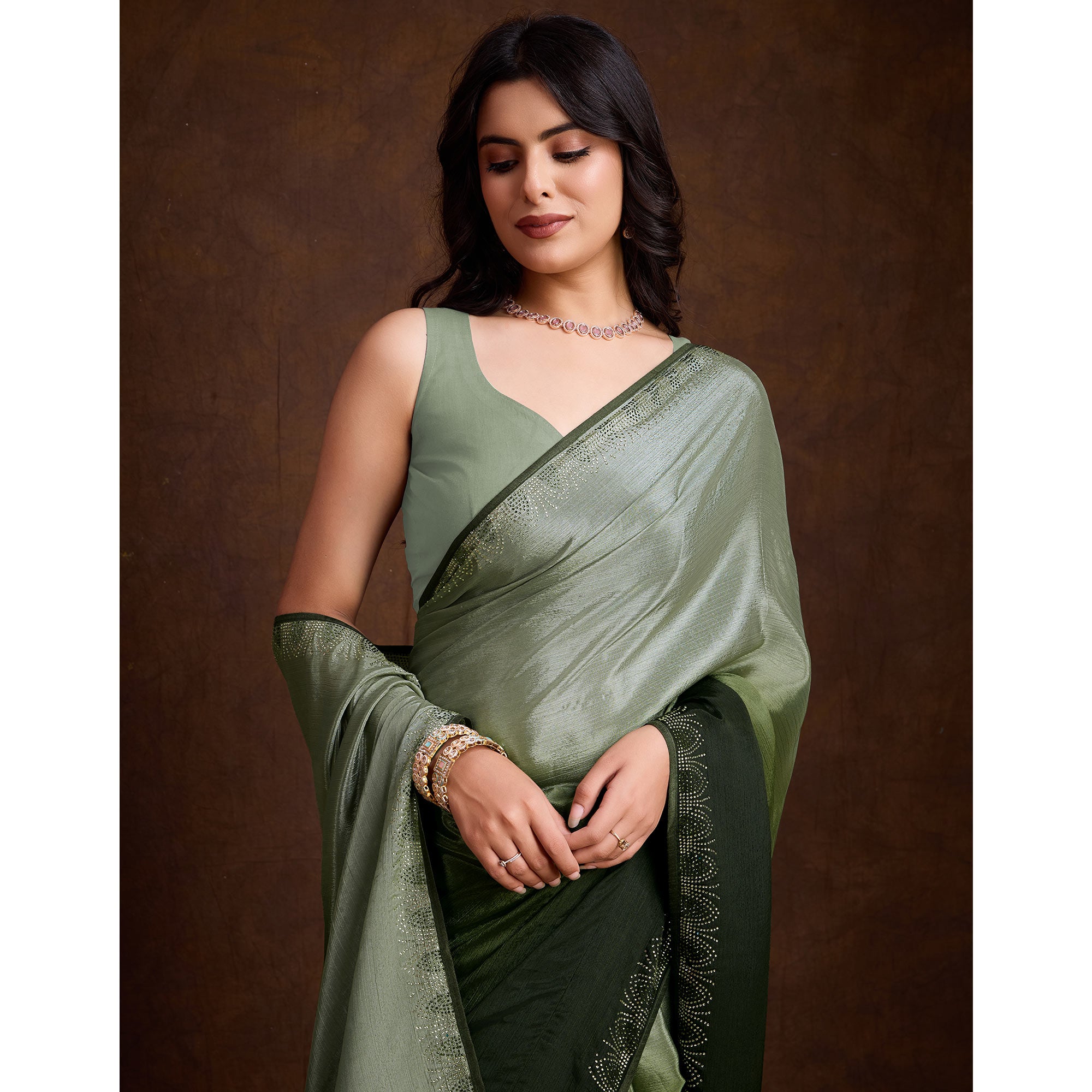 Green Swarovski Border Work Chinon Ombre Saree