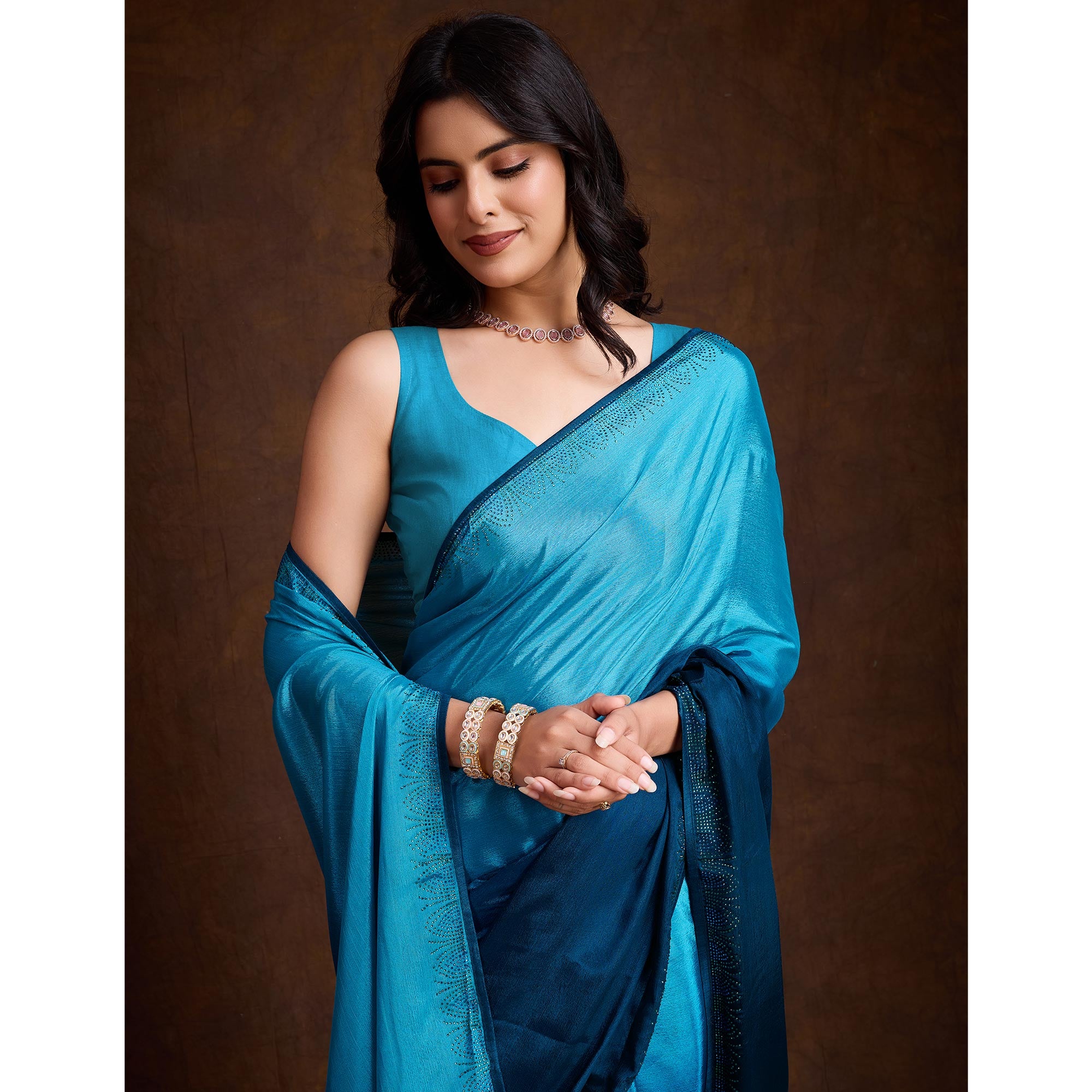 Blue Swarovski Border Work Chinon Ombre Saree