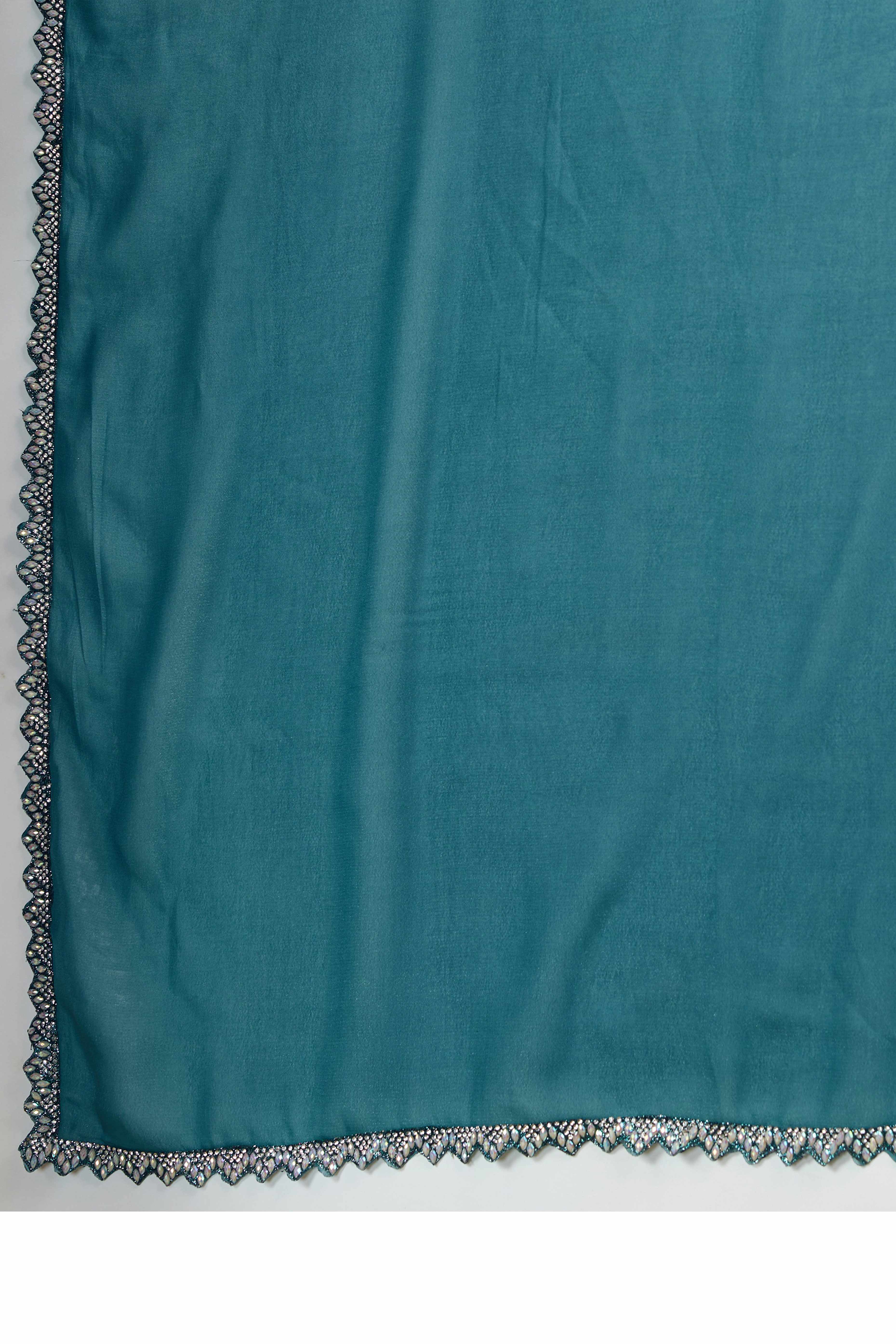 Teal Blue Solid Matt Georgette Saree With Ceramic Embellished Lace Border