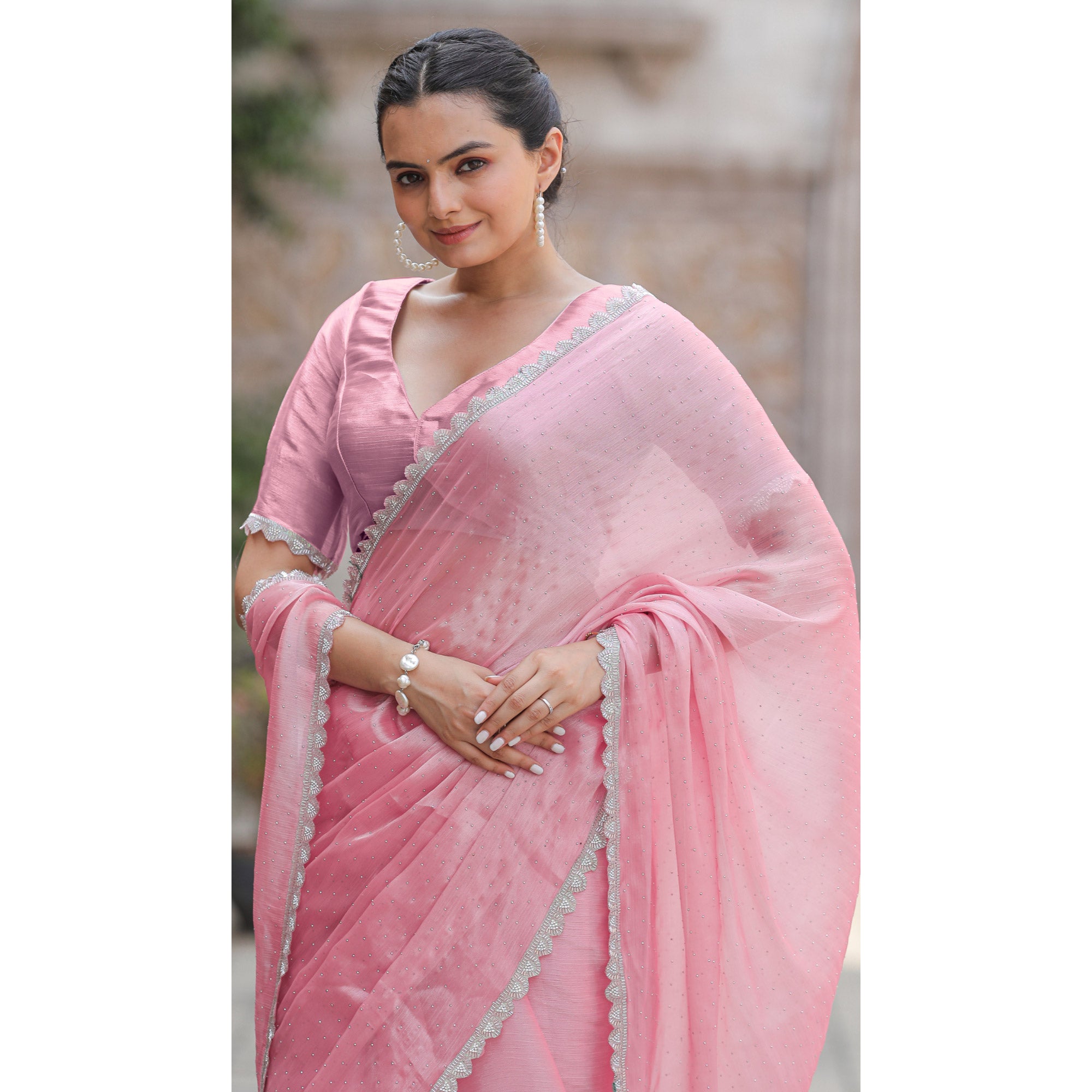 Pink Stonework Tussar Silk Saree