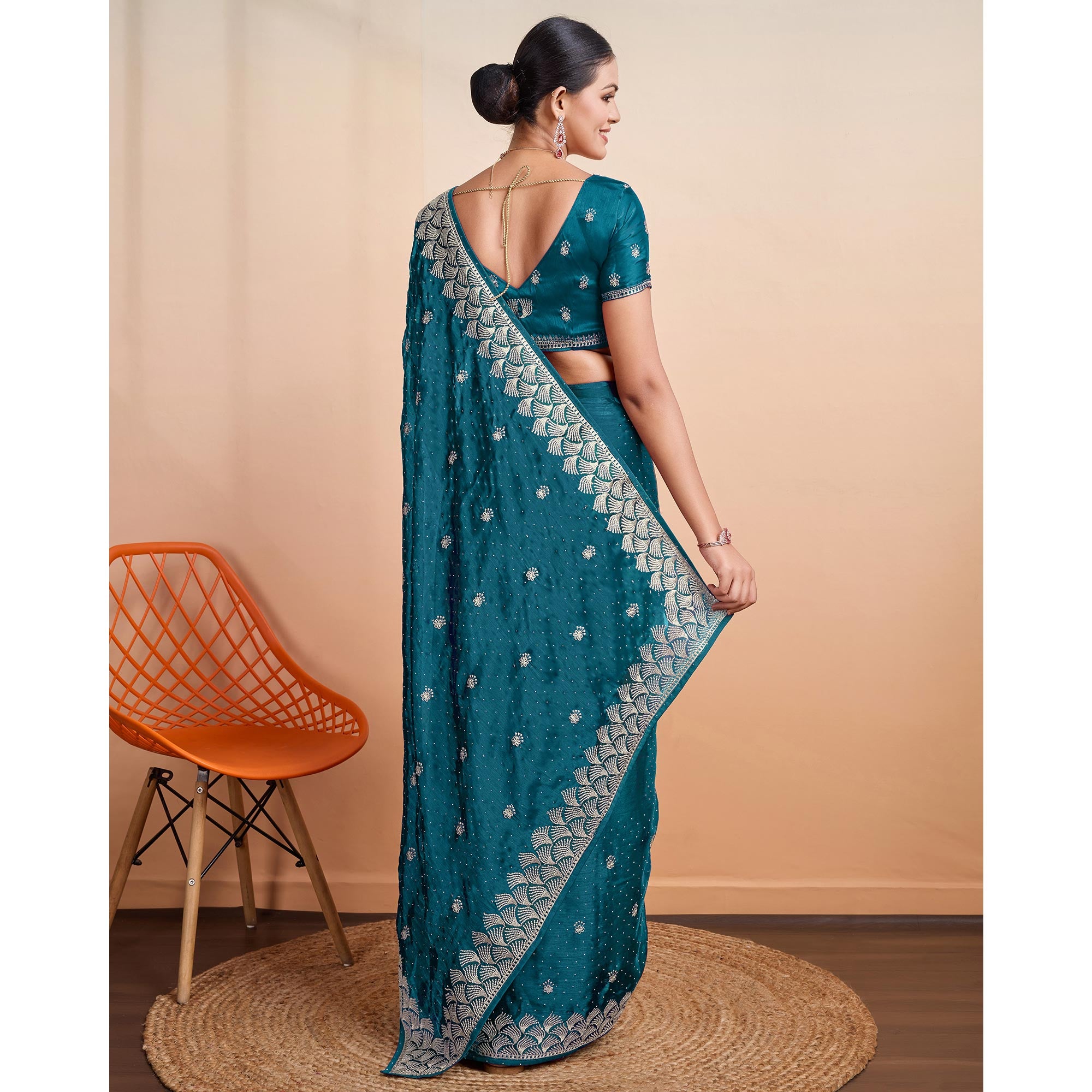 Teal Embroidered Tussar Silk Saree