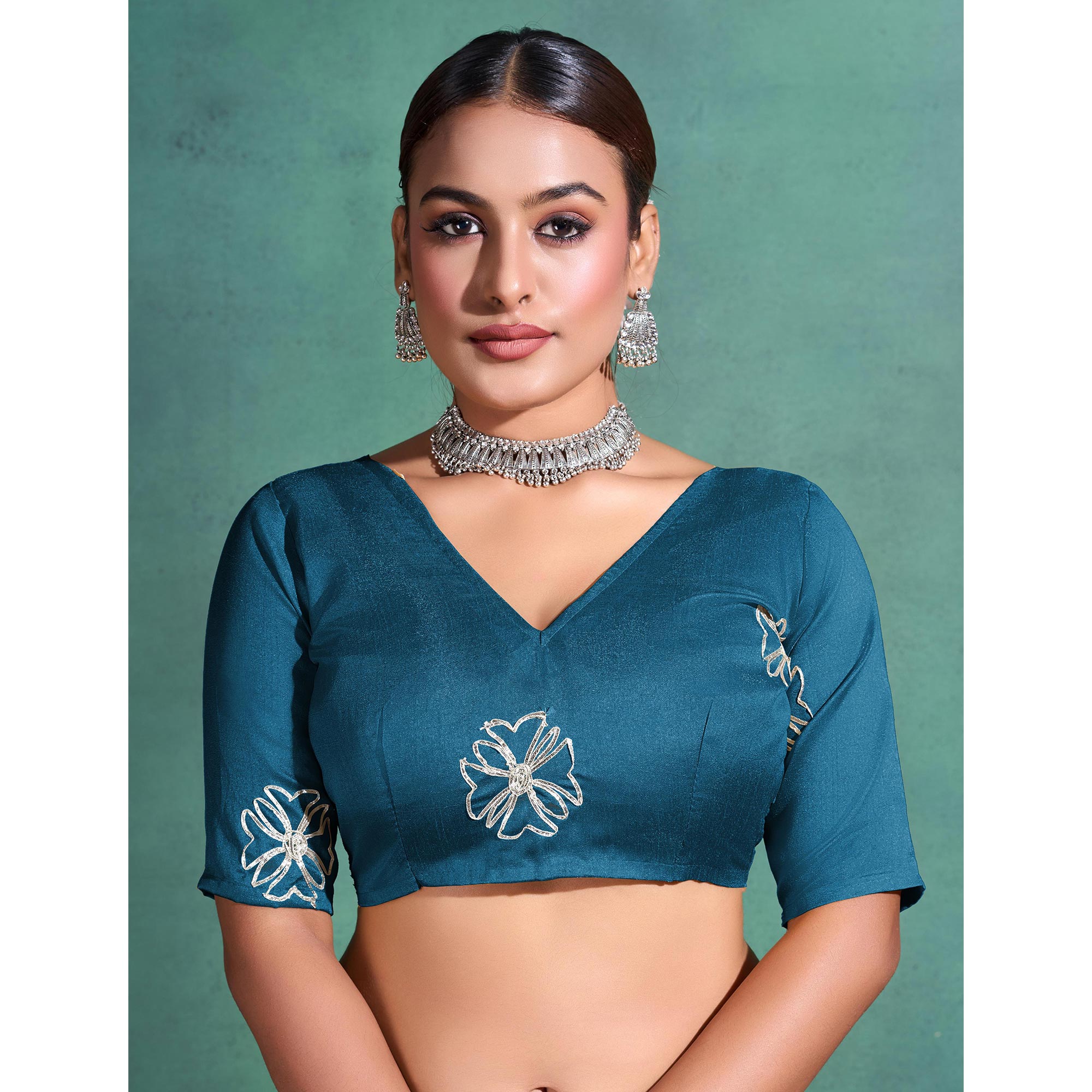 Sea Green Gota patti Embroidered Linen Saree With Tassels