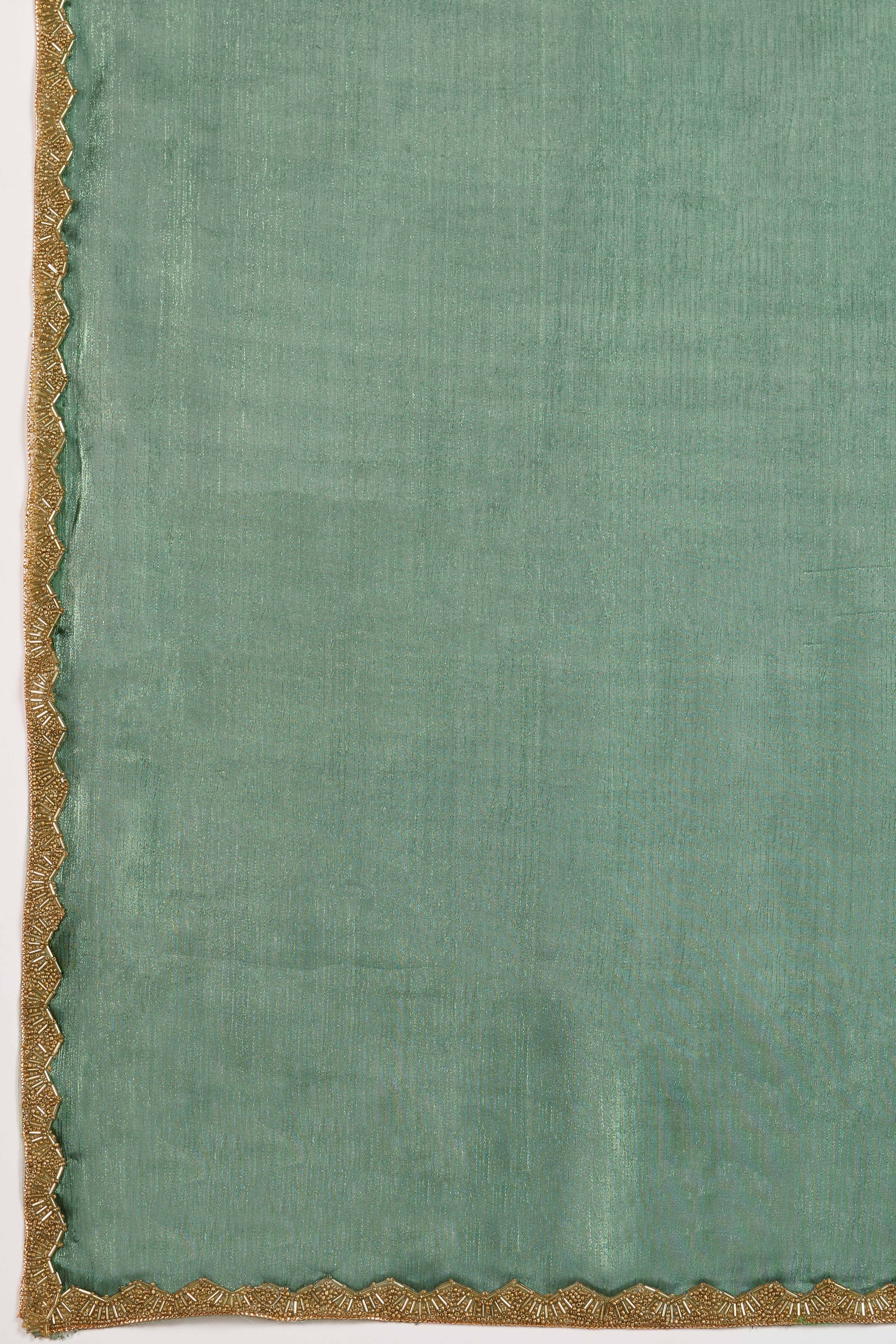 Solid Sage Green Chiffon Saree Featuring Beads Embellished Border