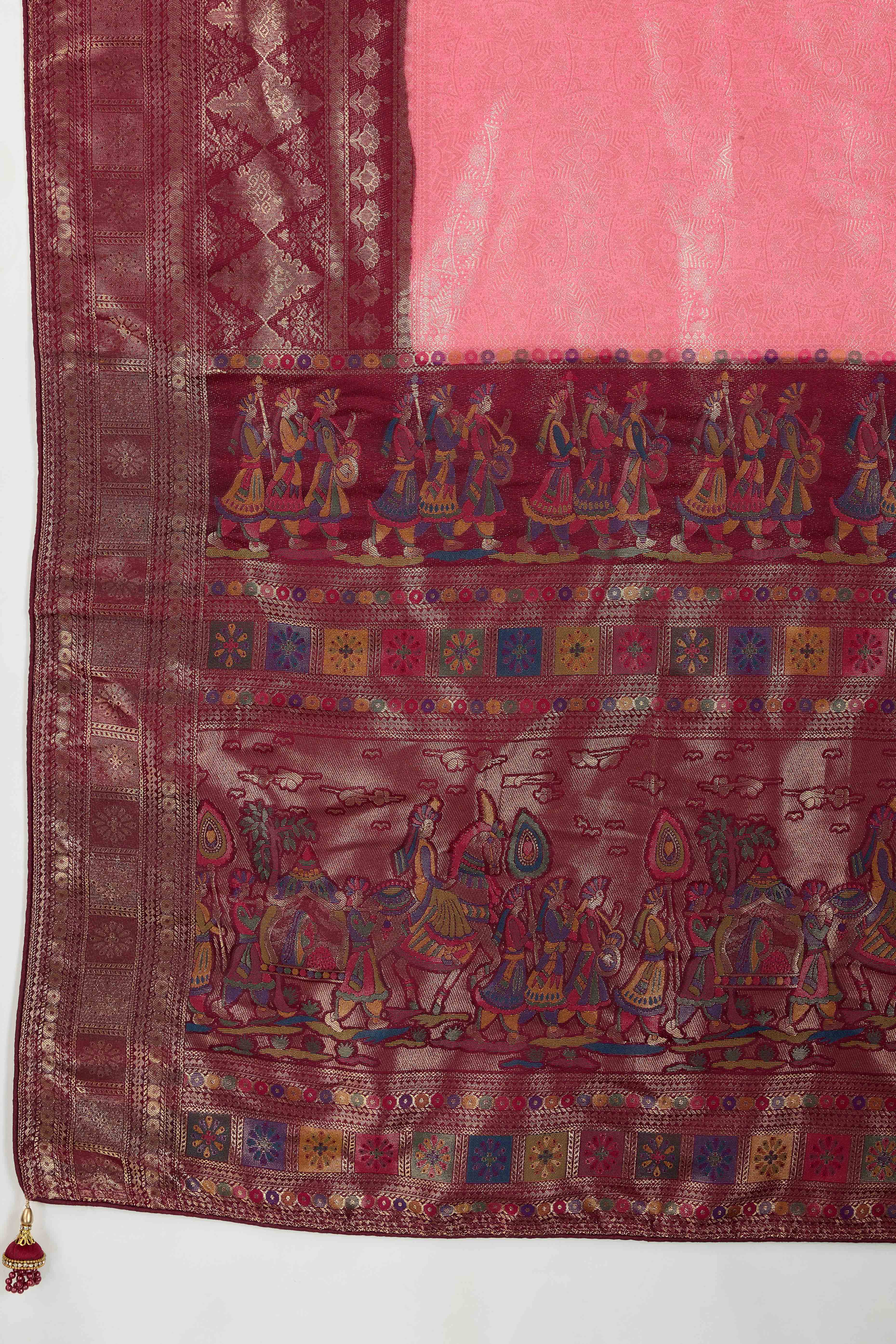 Pink Silk Kanjivaram Silk Saree Enhanced With Meenakari Weaving Borders