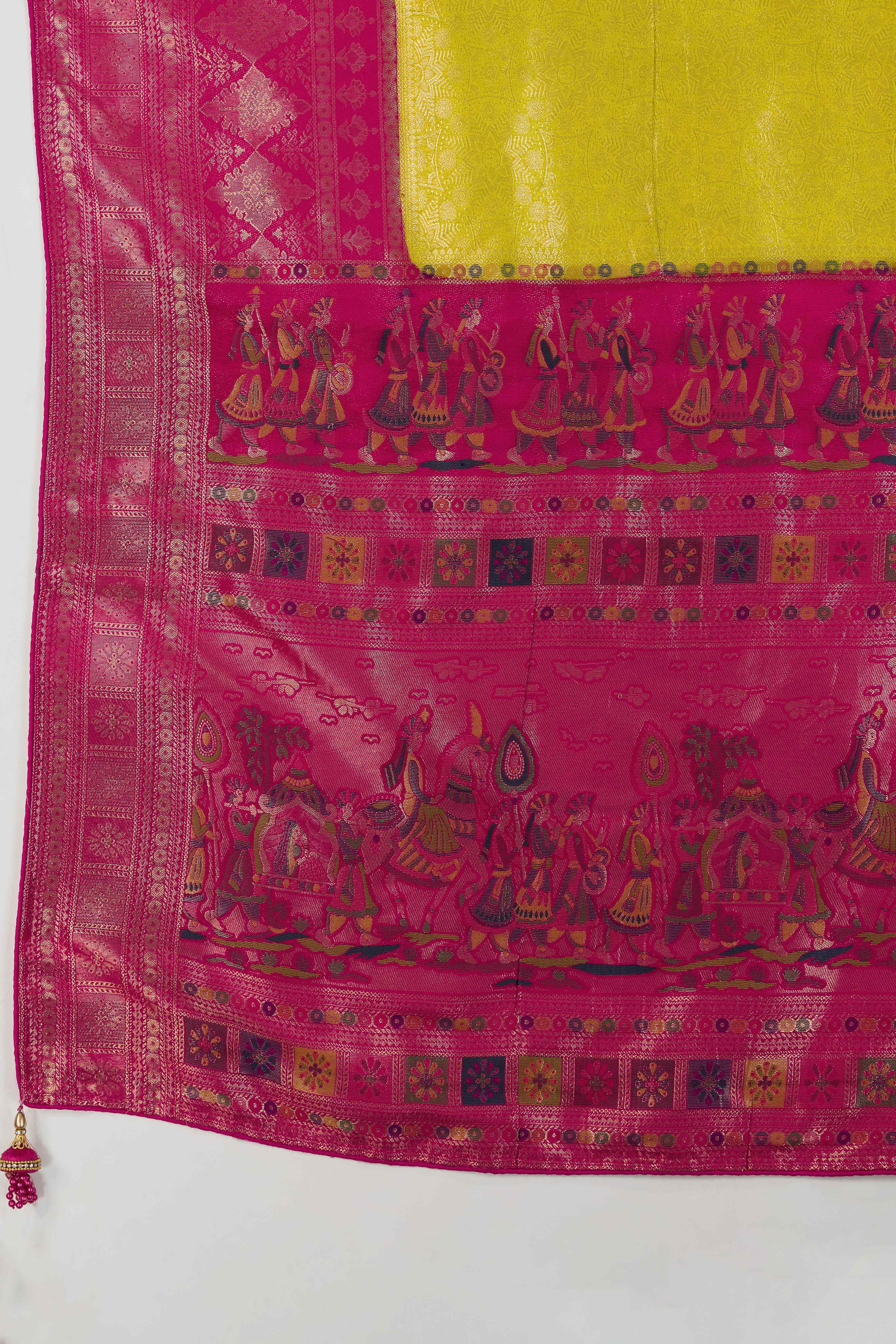 Lime Yellow Silk Kanjivaram Silk Saree Enhanced With Meenakari Weaving Borders