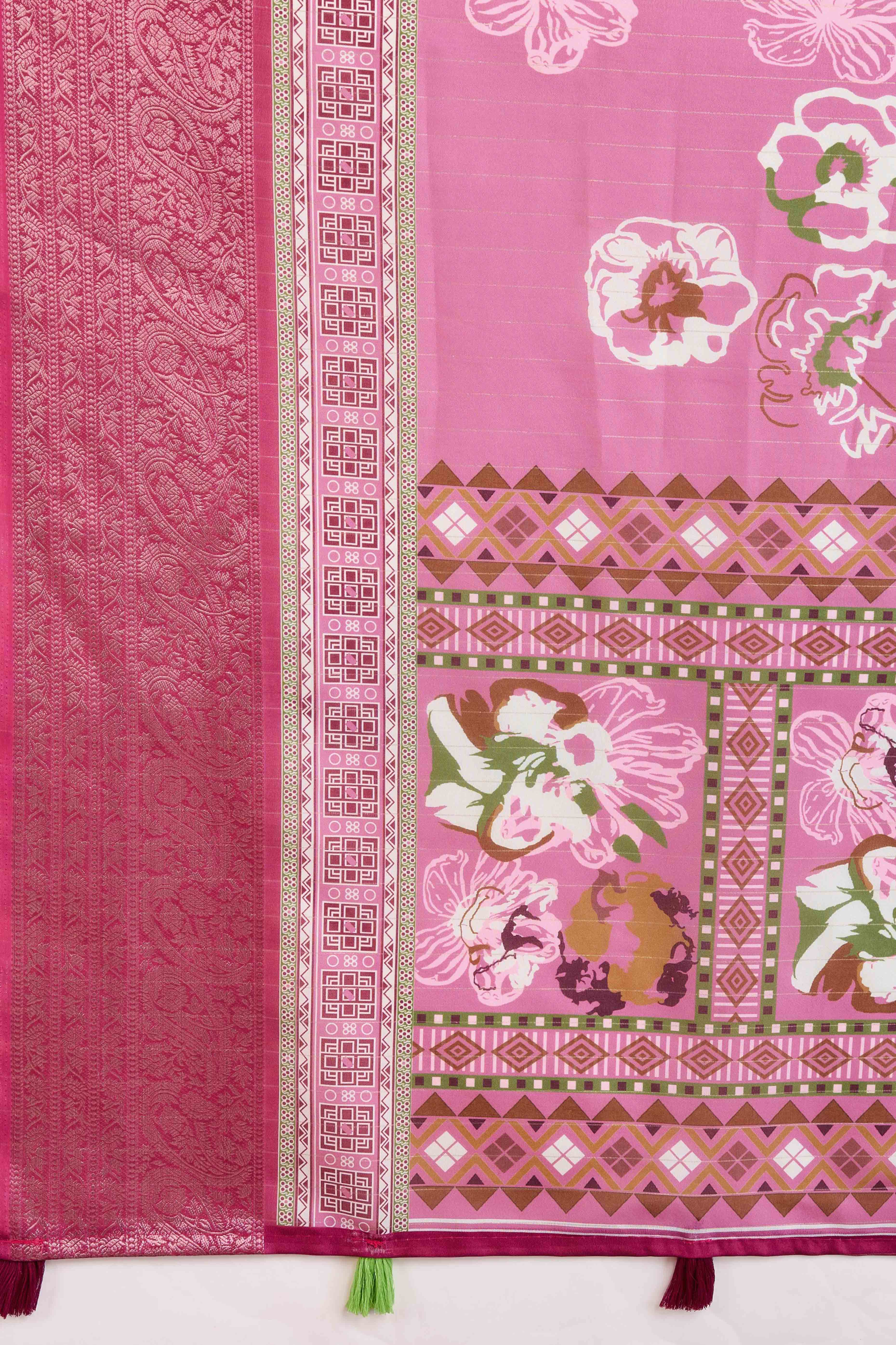 Pink Floral Printed Crepe Saree With Rich Zari Border