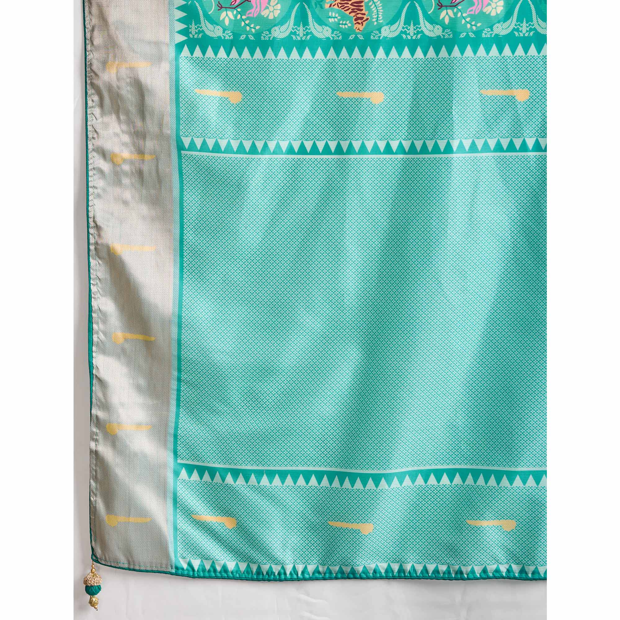 Turquoise Digital Printed Dola Silk Saree With Exquisite Weaving Zari Border & Opulent Pallu