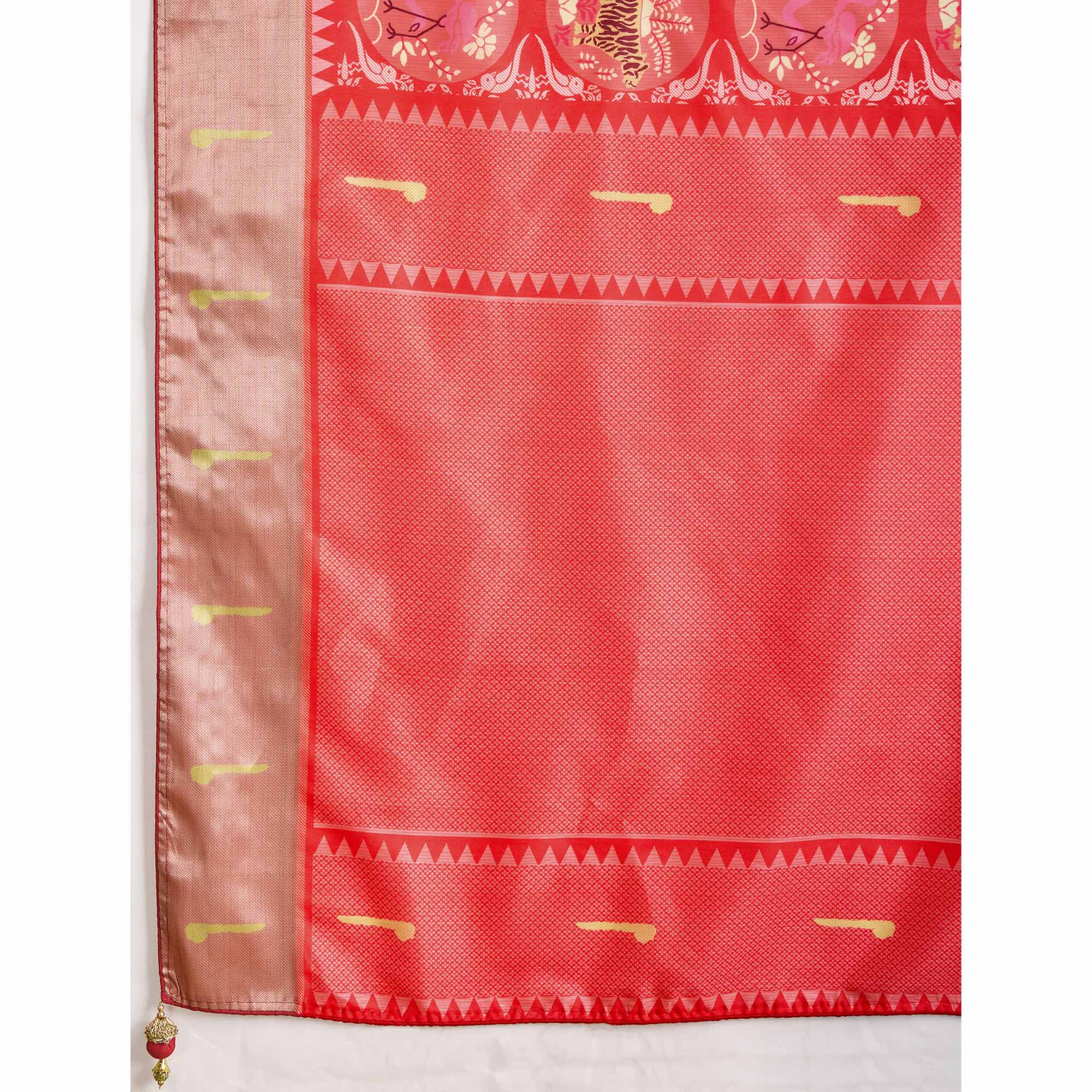 Red Digital Printed Dola Silk Saree With Exquisite Weaving Zari Border & Opulent Pallu