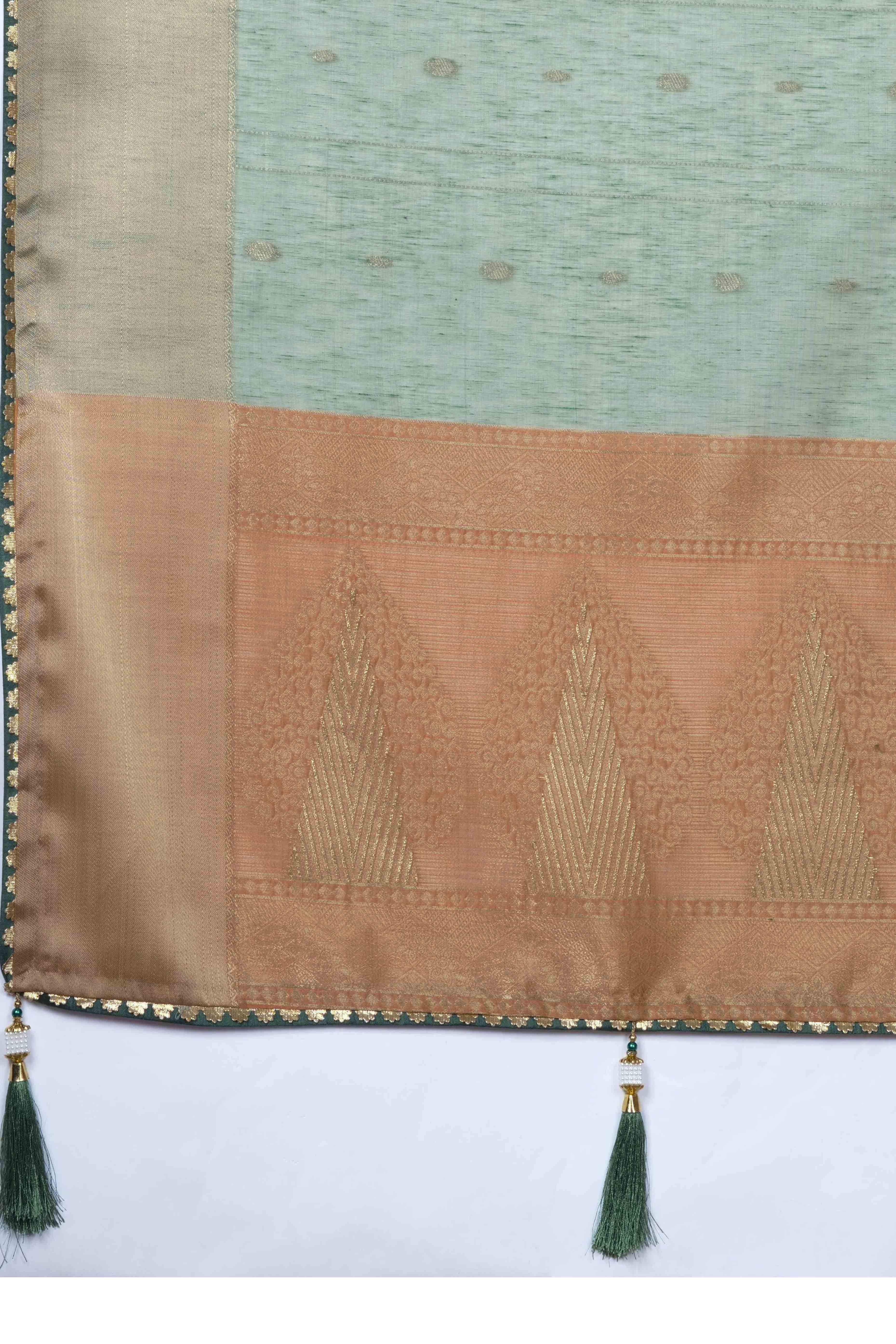 Sea Green Ethnic Cotton Blend Saree with Shimmering Zari Butti Weaves
