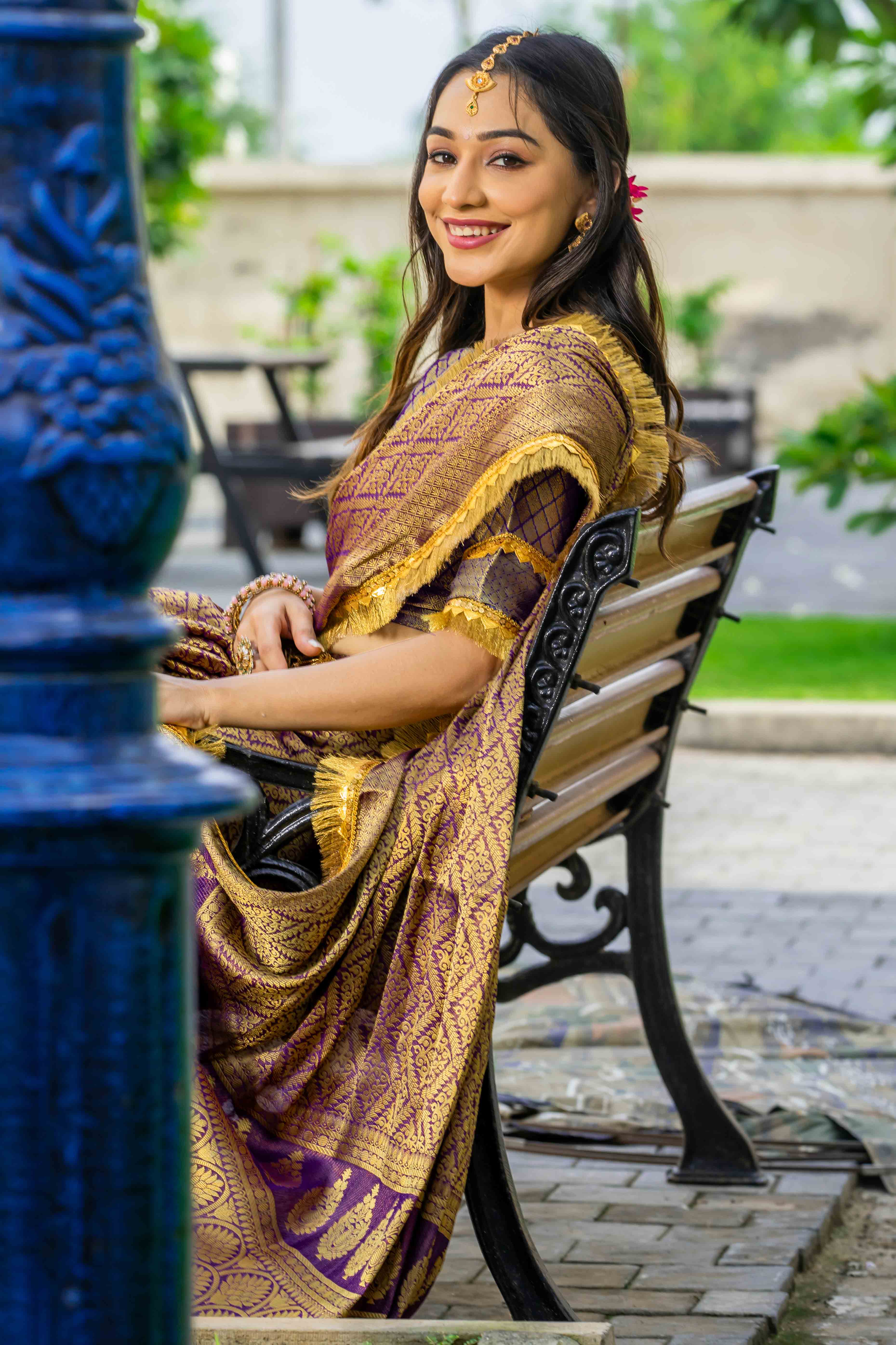 Purple Zari Weaving Mysore Brocade Silk Saree With Zari Border