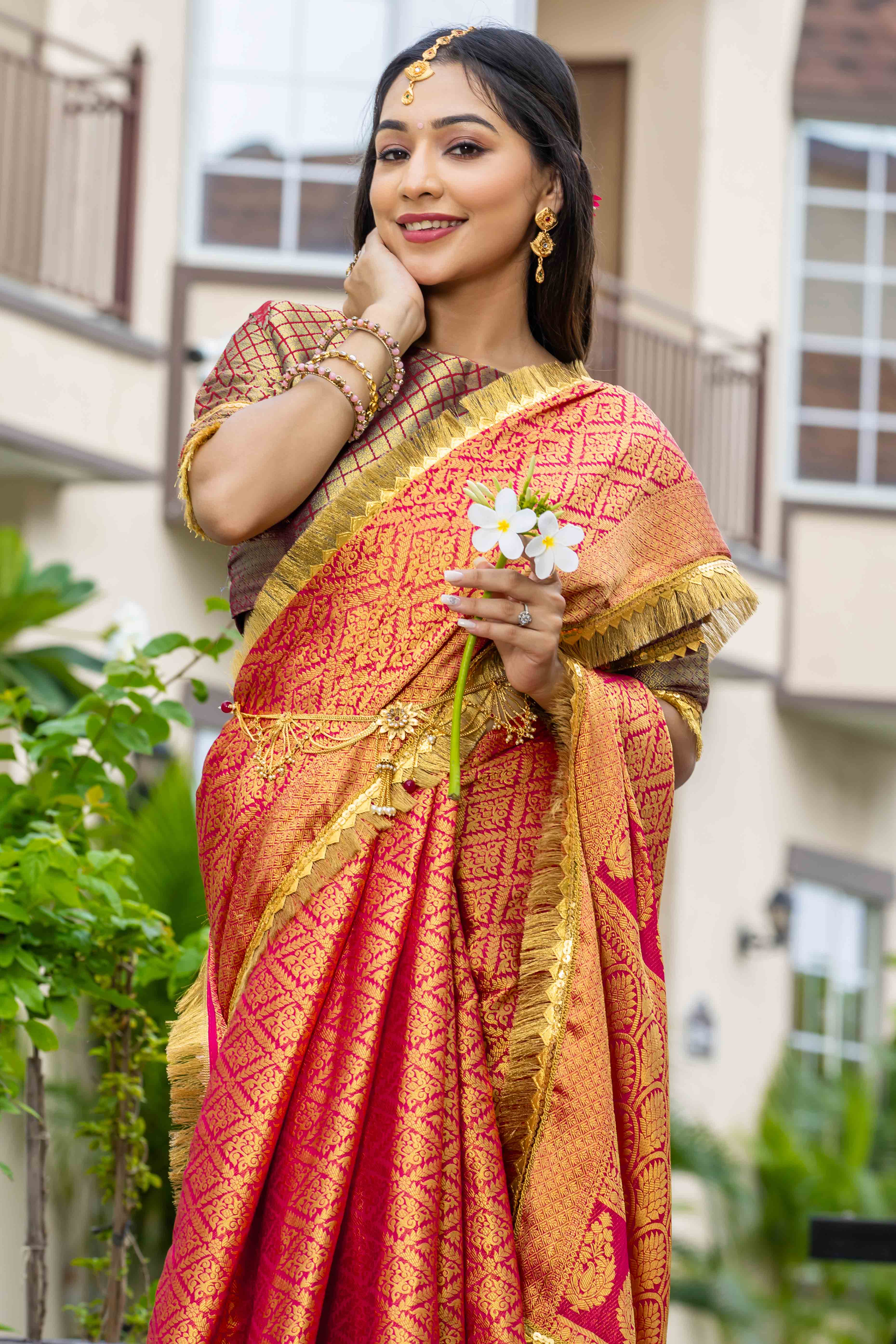 Pink Zari Weaving Mysore Brocade Silk Saree With Zari Border