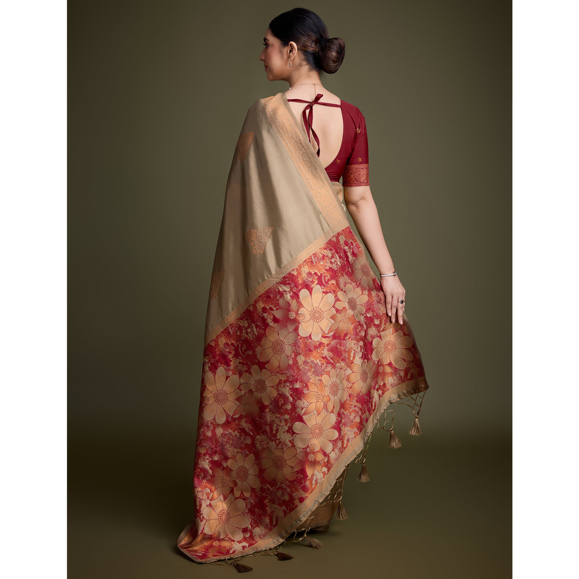 Chikoo Floral Woven Banarasi Silk Saree
