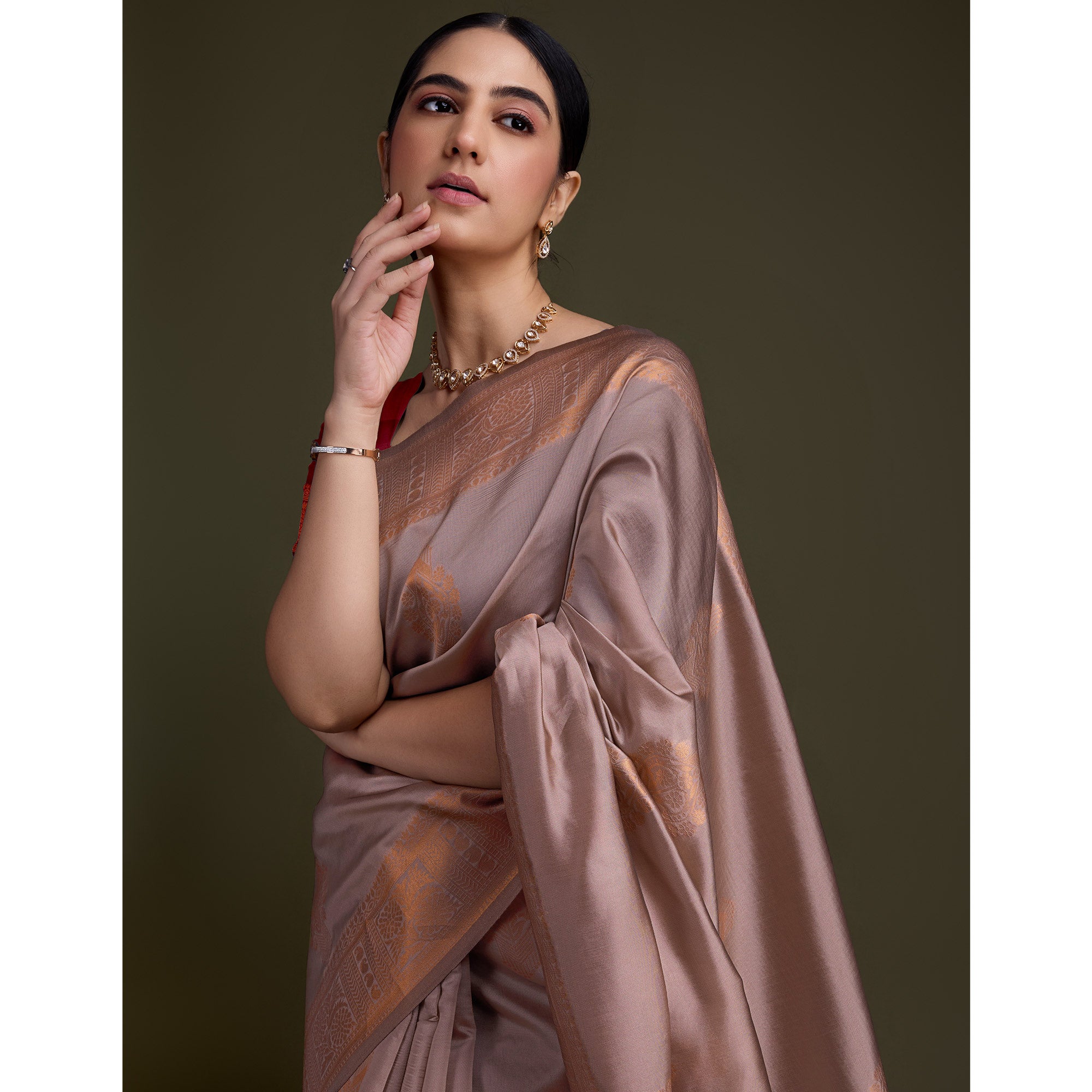 Mauve Floral Woven Banarasi Silk Saree